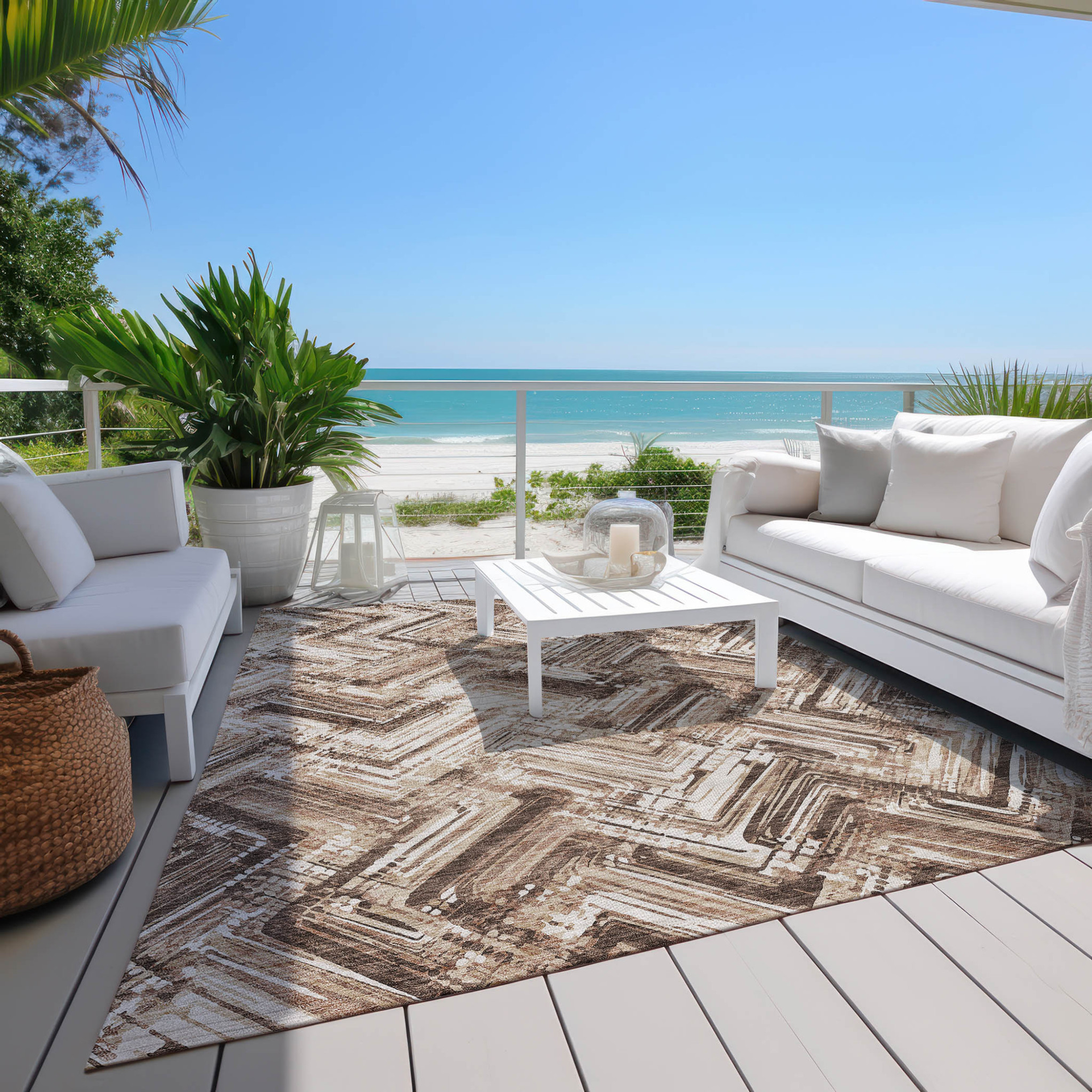 10' X 14' Brown Taupe And Tan Geometric Washable Indoor Outdoor Area Rug - 1 - Sports & Outdoor