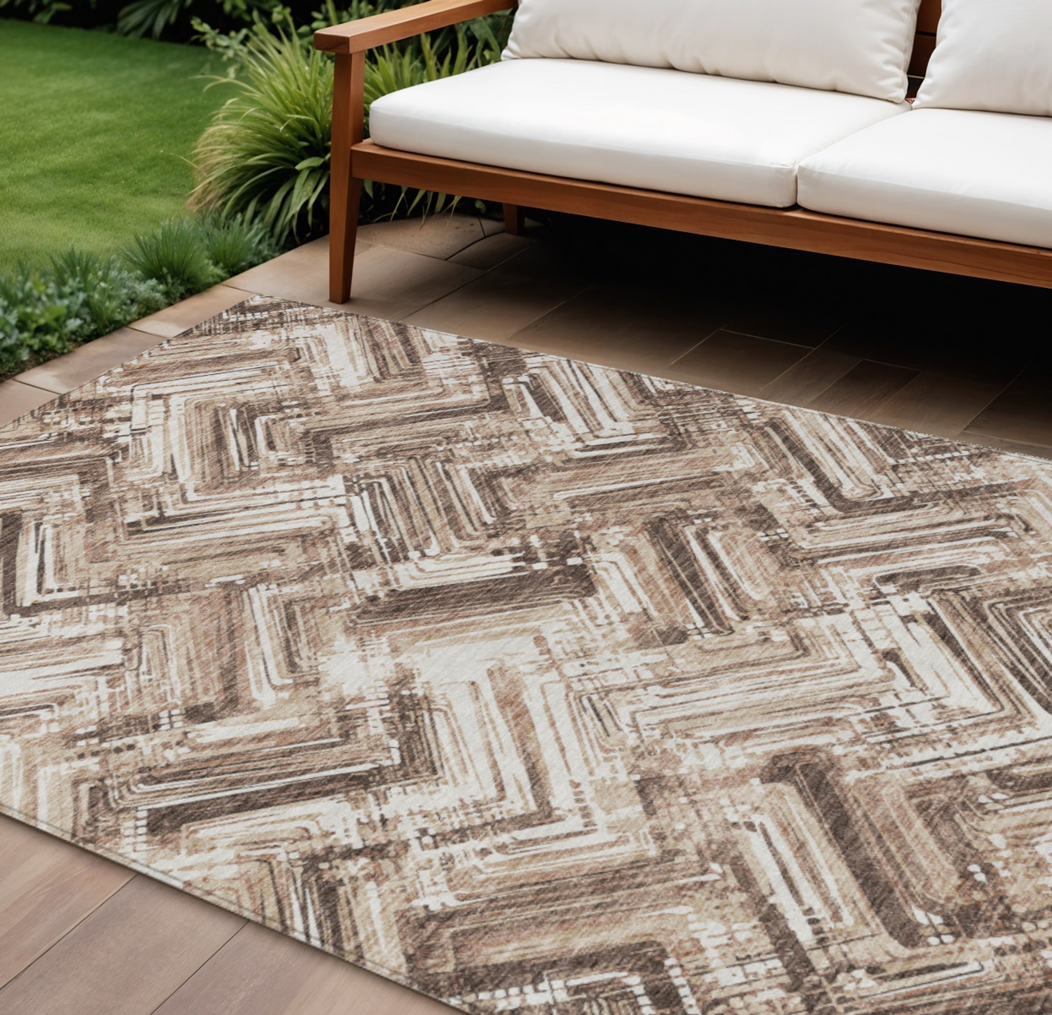 10' X 14' Brown Taupe And Tan Geometric Washable Indoor Outdoor Area Rug - 1 - Sports & Outdoor