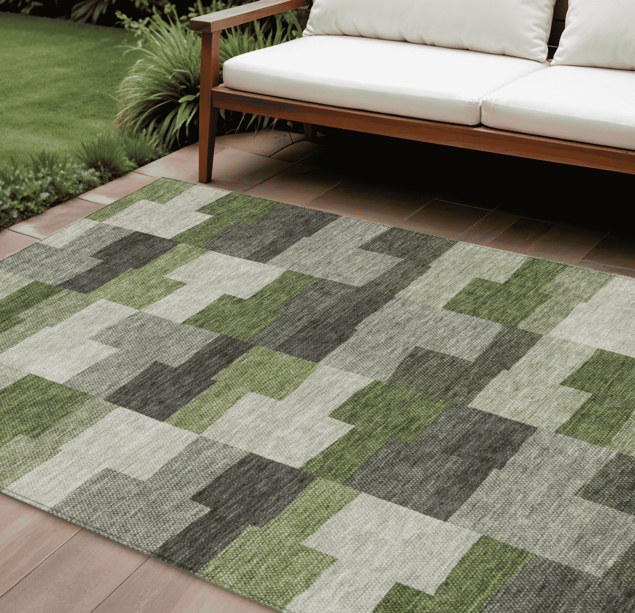 10' X 14' Olive Green And Artichoke Green Geometric Washable Indoor Outdoor Area Rug - 1 - Sports & Outdoor