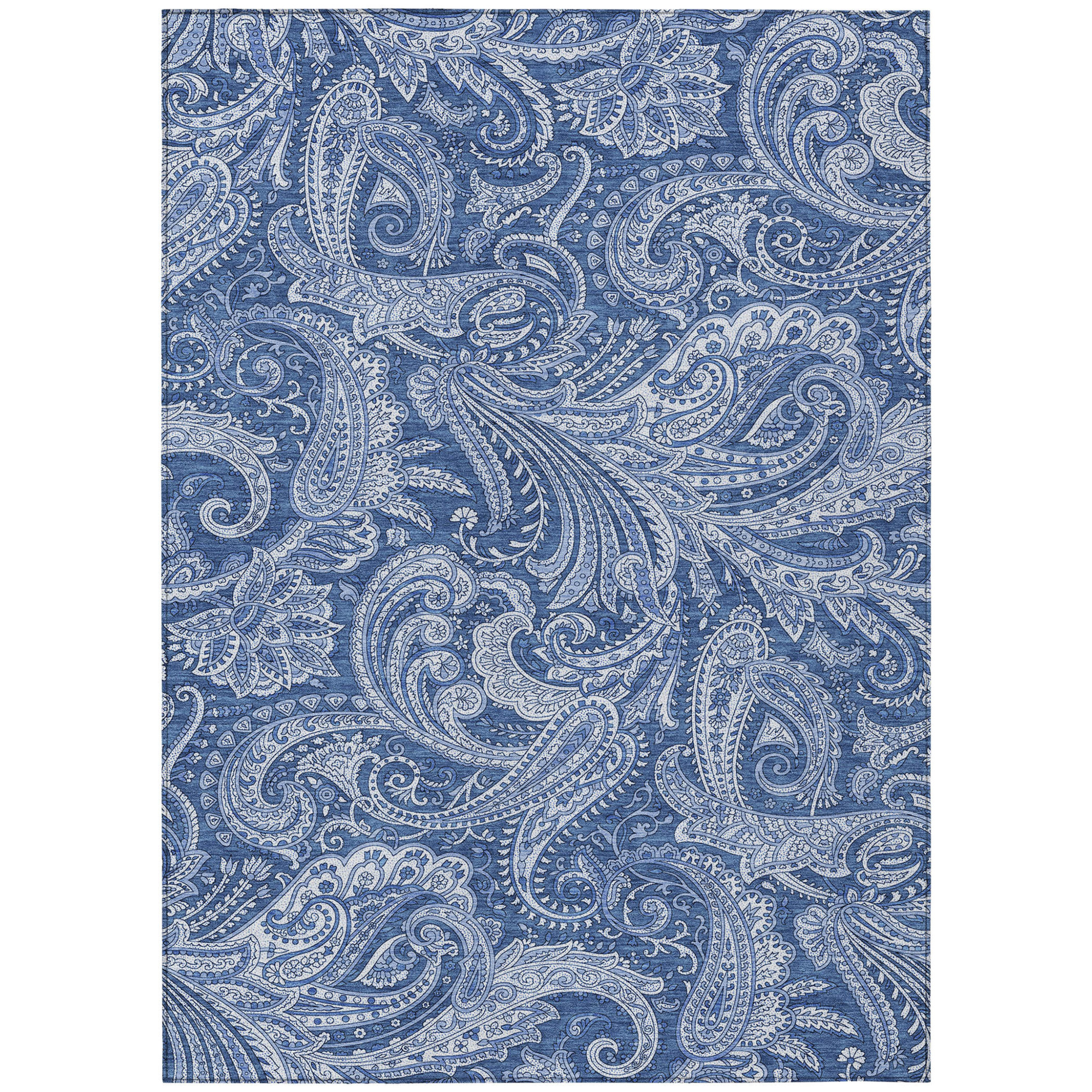 10' X 14' Navy Blue And Denim Blue Paisley Washable Indoor Outdoor Area Rug - 1 - Sports & Outdoor