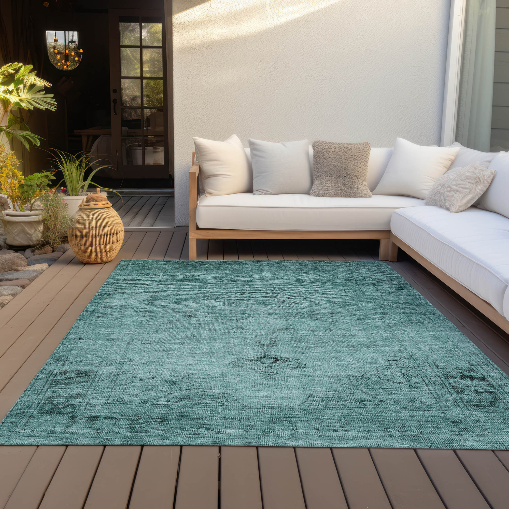 10' X 14' Teal Blue Turquoise And Charcoal Oriental Washable Indoor Outdoor Area Rug - 1 - Sports & Outdoor