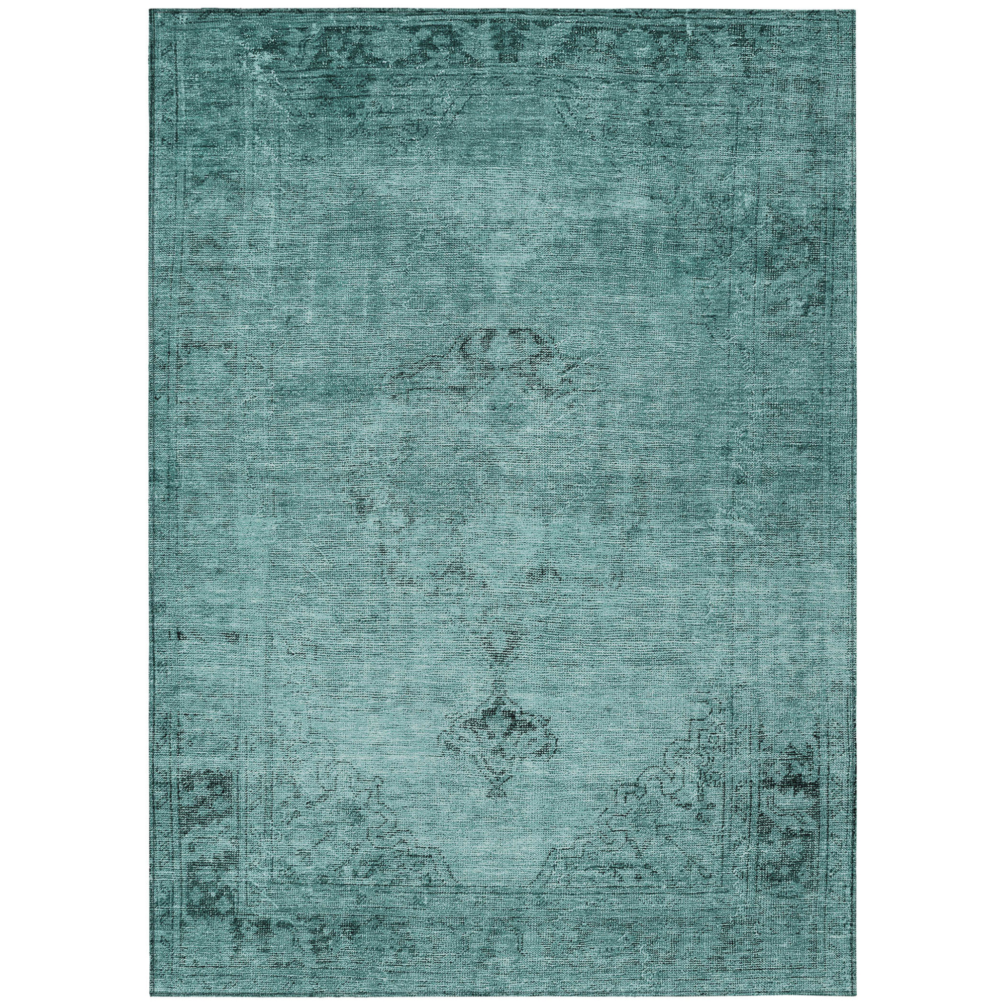 10' X 14' Teal Blue Turquoise And Charcoal Oriental Washable Indoor Outdoor Area Rug - 1 - Sports & Outdoor