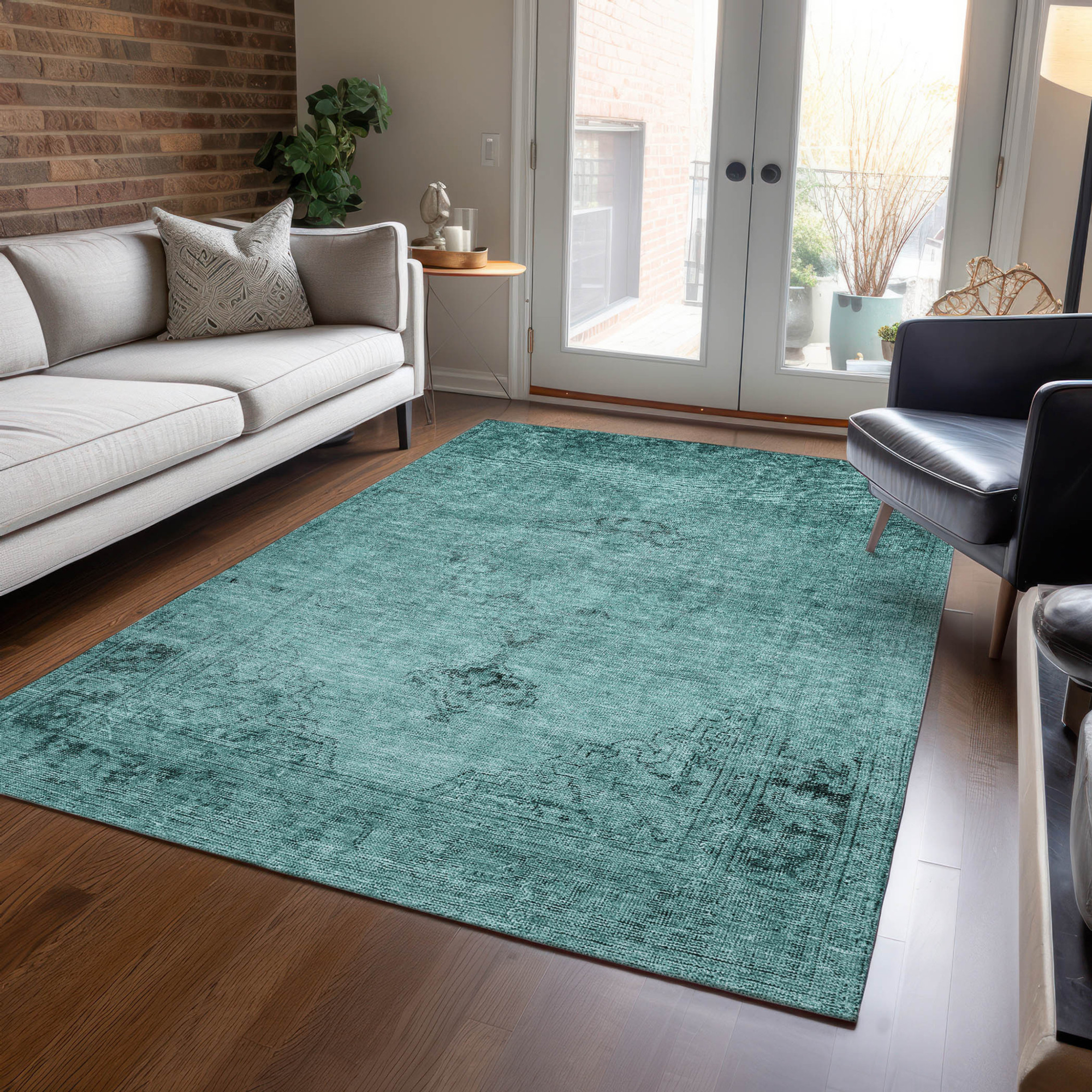 10' X 14' Teal Blue Turquoise And Charcoal Oriental Washable Indoor Outdoor Area Rug - 1 - Sports & Outdoor