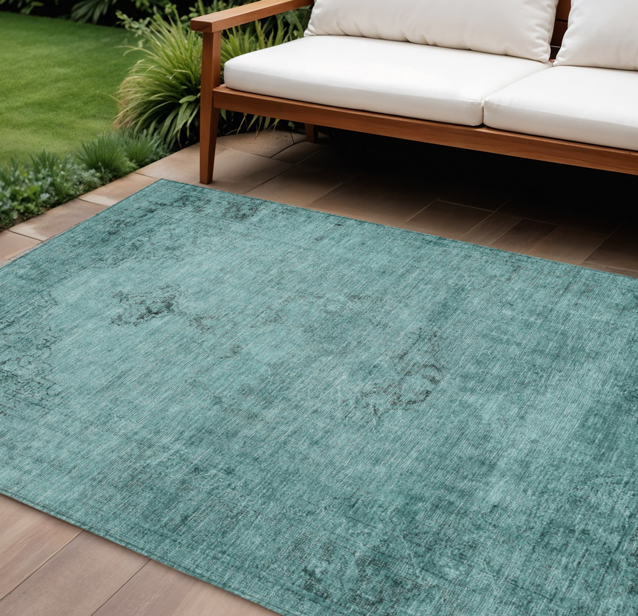 10' X 14' Teal Blue Turquoise And Charcoal Oriental Washable Indoor Outdoor Area Rug - 1 - Sports & Outdoor