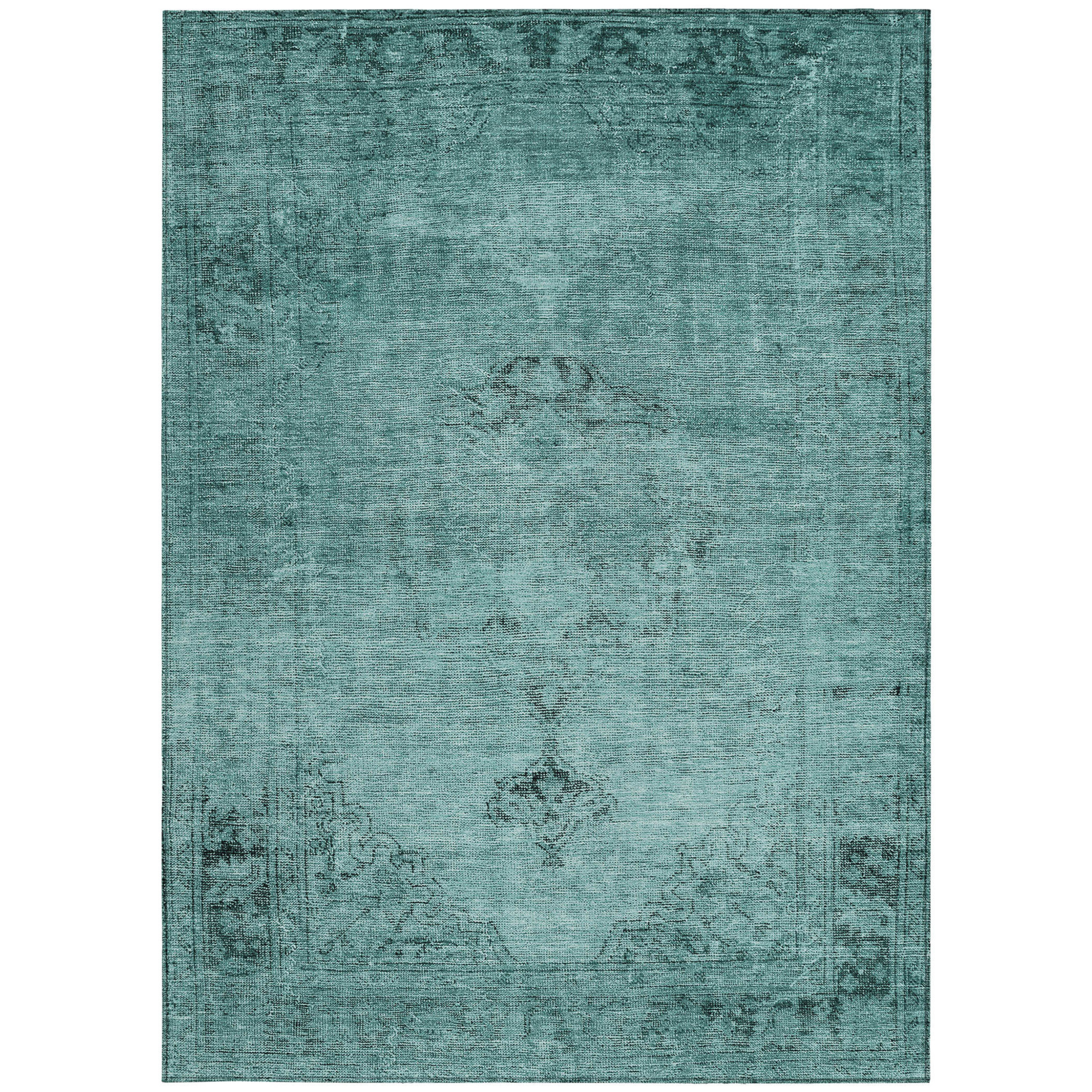 10' X 14' Teal Blue Turquoise And Charcoal Oriental Washable Indoor Outdoor Area Rug - 1 - Sports & Outdoor