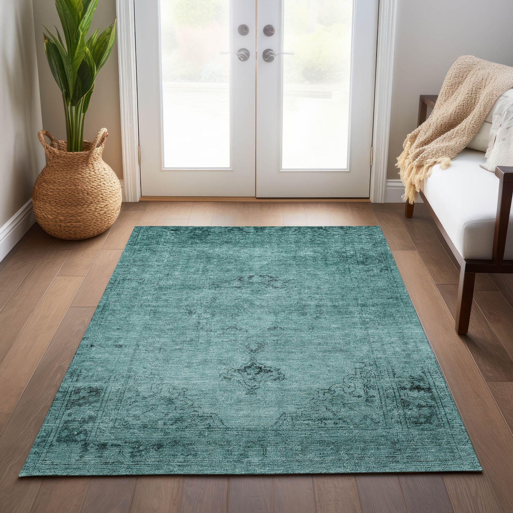 10' X 14' Teal Blue Turquoise And Charcoal Oriental Washable Indoor Outdoor Area Rug - 1 - Sports & Outdoor