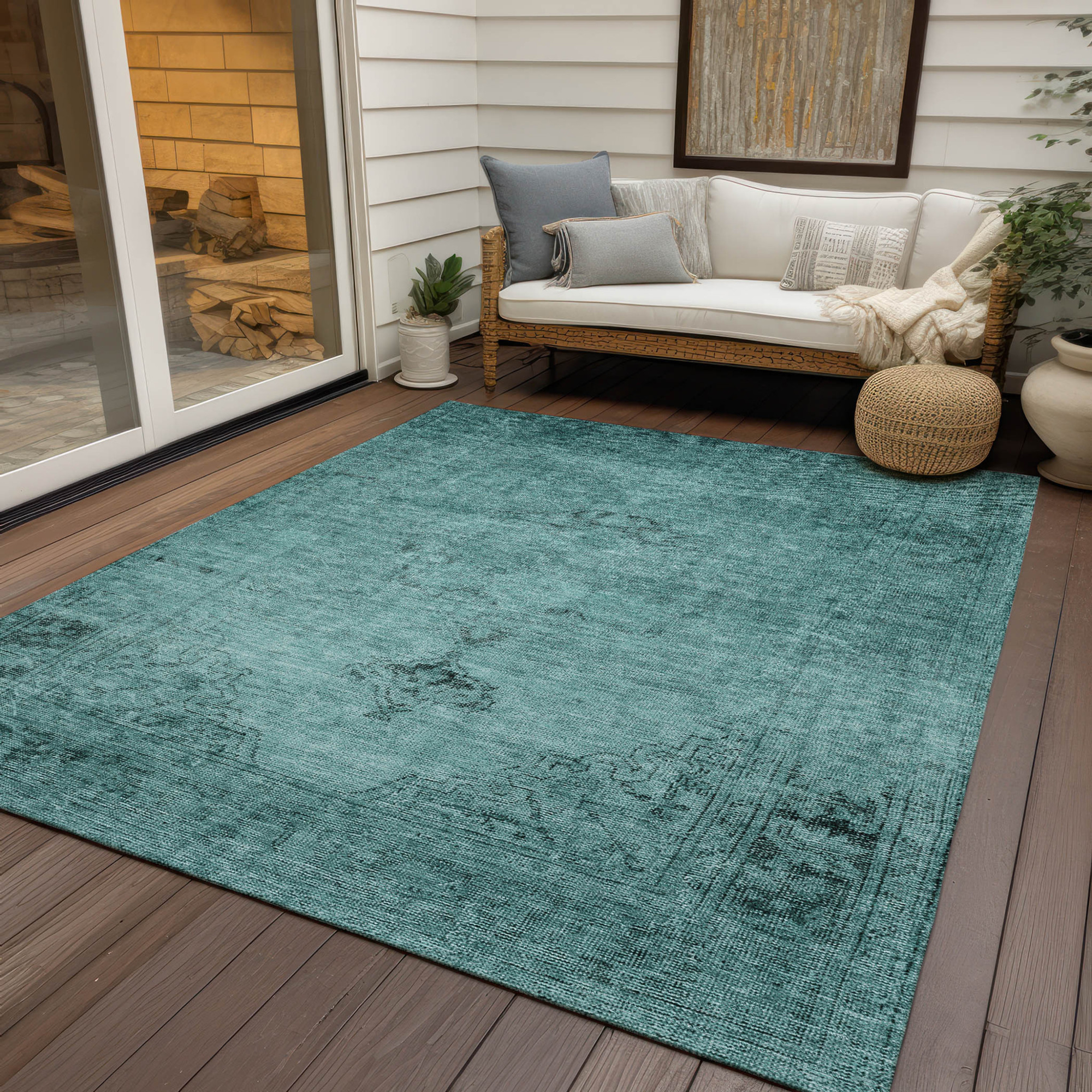 10' X 14' Teal Blue Turquoise And Charcoal Oriental Washable Indoor Outdoor Area Rug - 1 - Sports & Outdoor