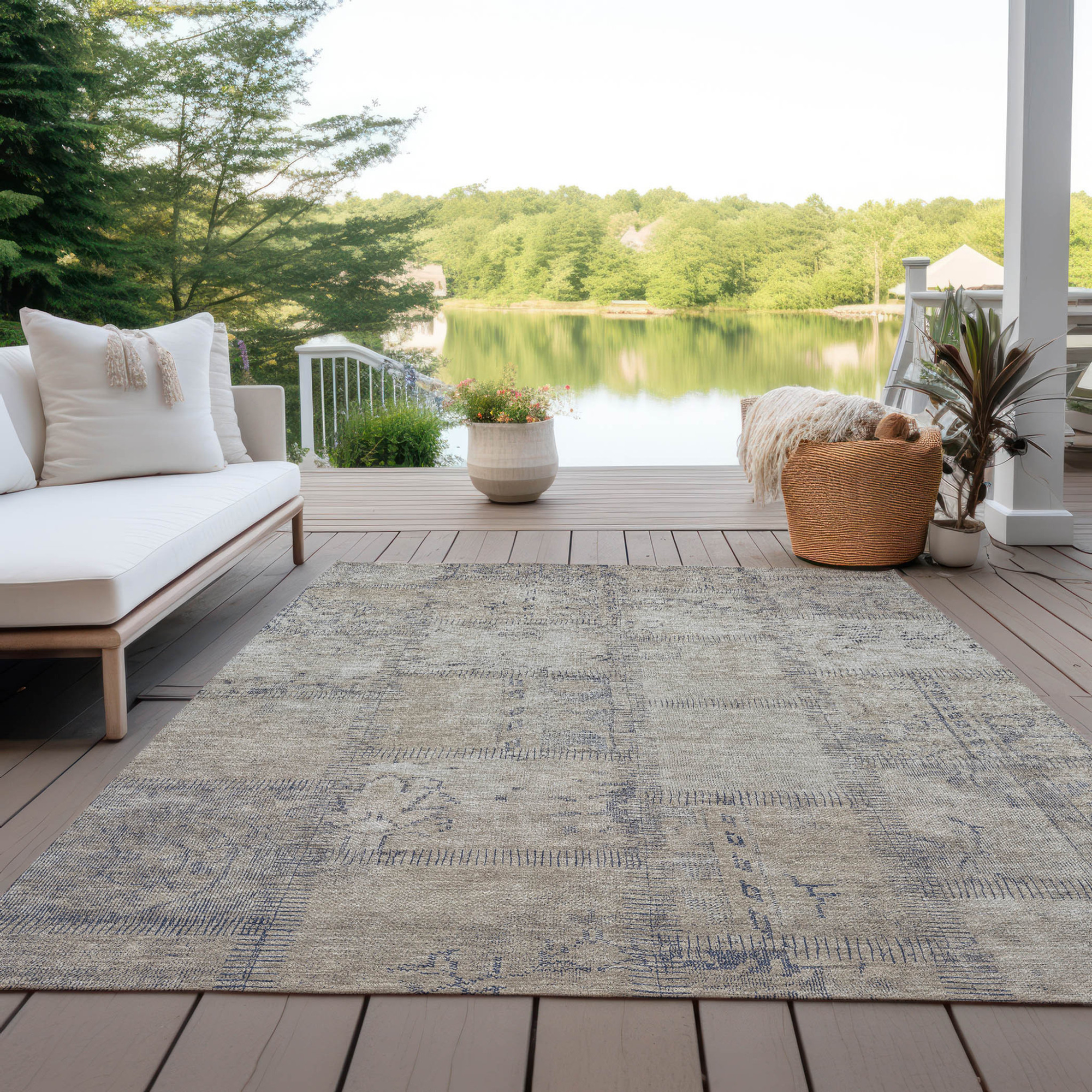 10' X 14' Beige Taupe And Brown Patchwork Washable Indoor Outdoor Area Rug - 1 - Sports & Outdoor
