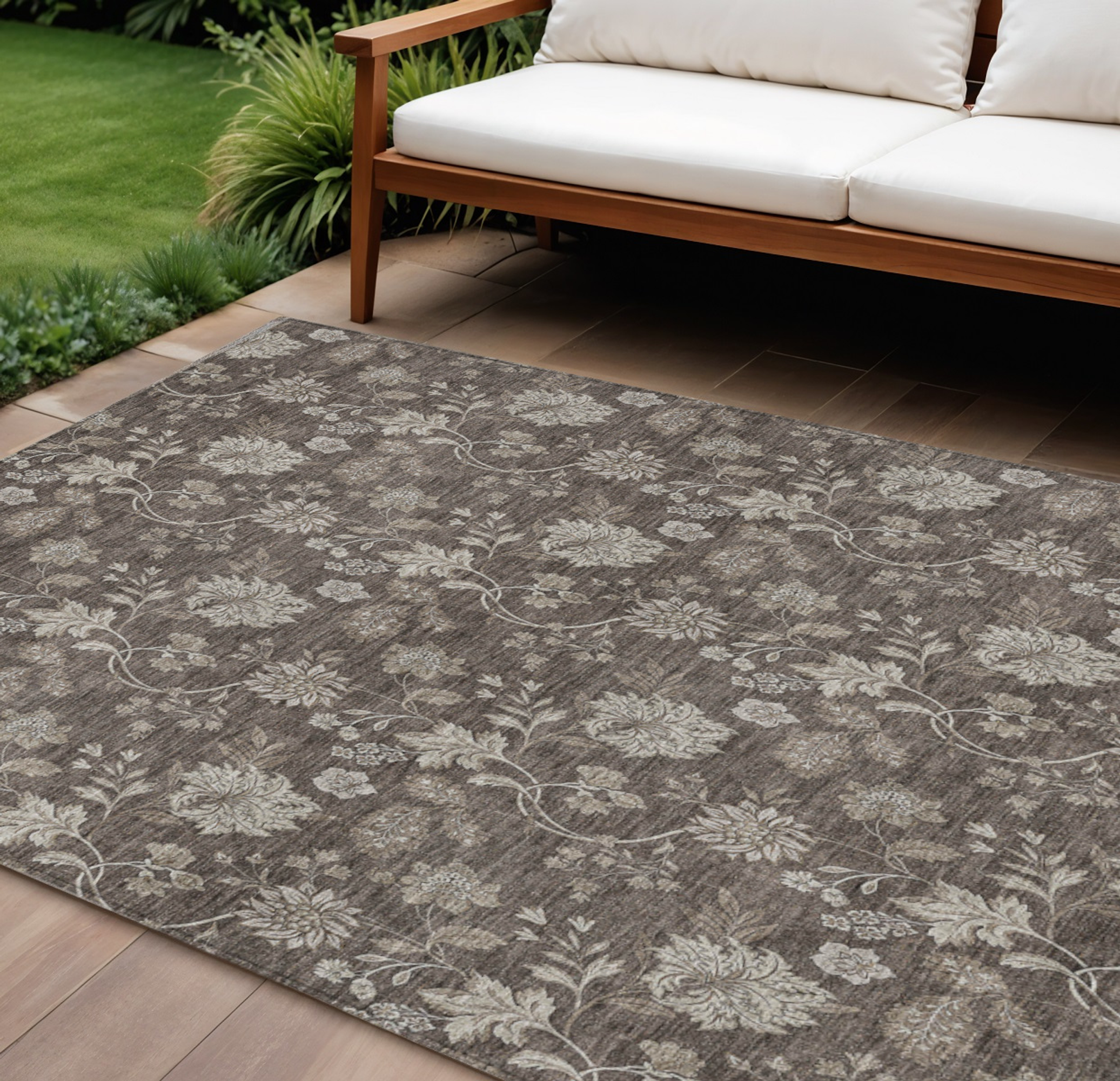 10' X 14' Chocolate Beige And Taupe Floral Washable Indoor Outdoor Area Rug - 1 - Sports & Outdoor