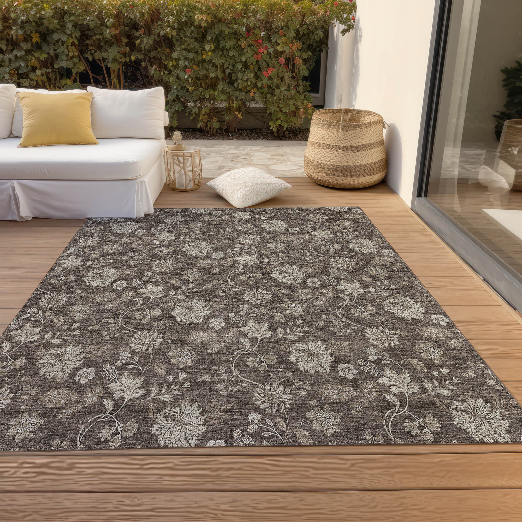 10' X 14' Chocolate Beige And Taupe Floral Washable Indoor Outdoor Area Rug - 1 - Sports & Outdoor