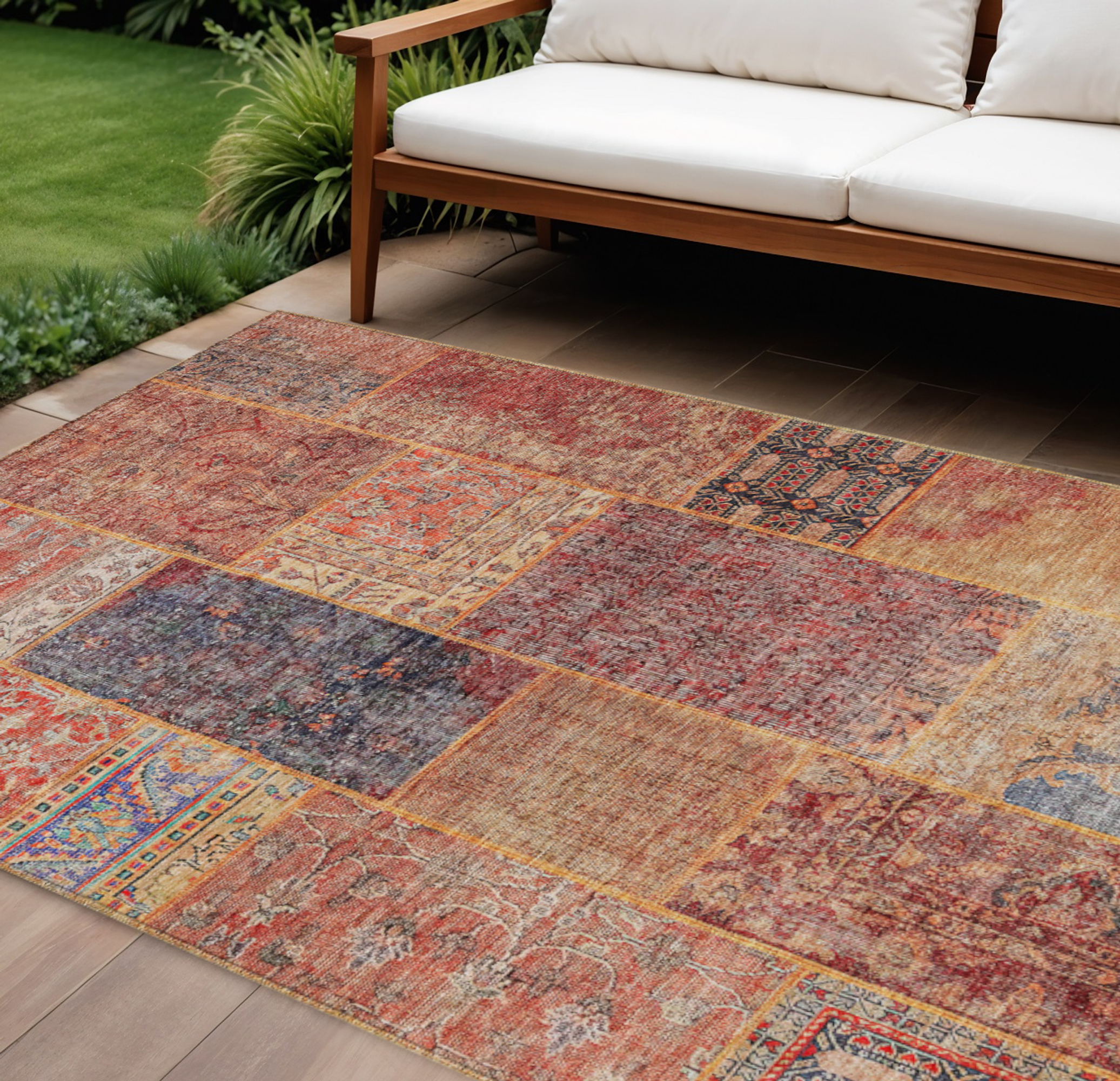 10' X 14' Red Orange And Blue Patchwork Washable Indoor Outdoor Area Rug - 1 - Sports & Outdoor
