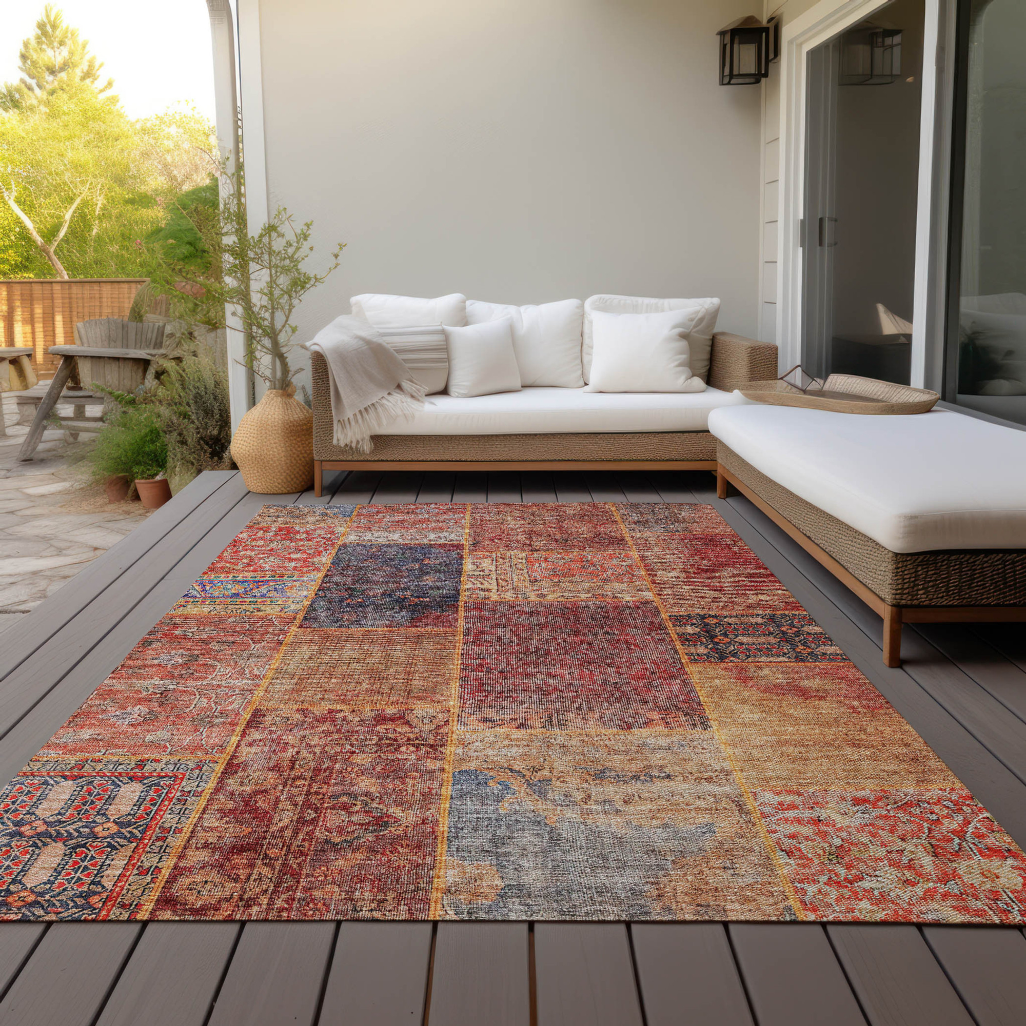 10' X 14' Red Orange And Blue Patchwork Washable Indoor Outdoor Area Rug - 1 - Sports & Outdoor