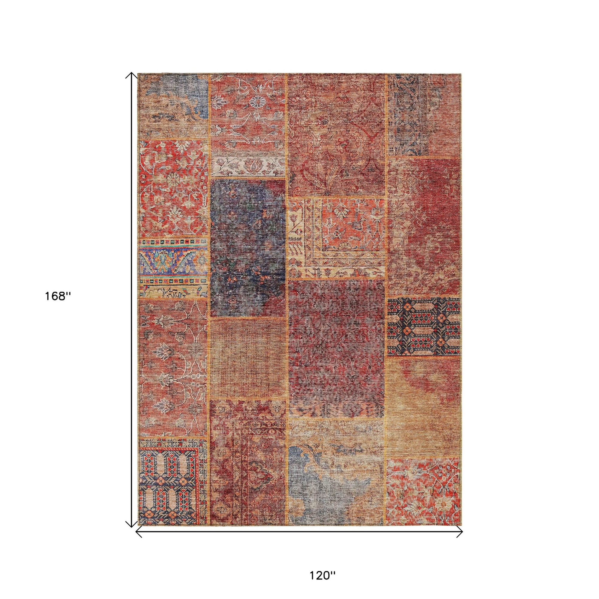 10' X 14' Red Orange And Blue Patchwork Washable Indoor Outdoor Area Rug - 1 - Sports & Outdoor