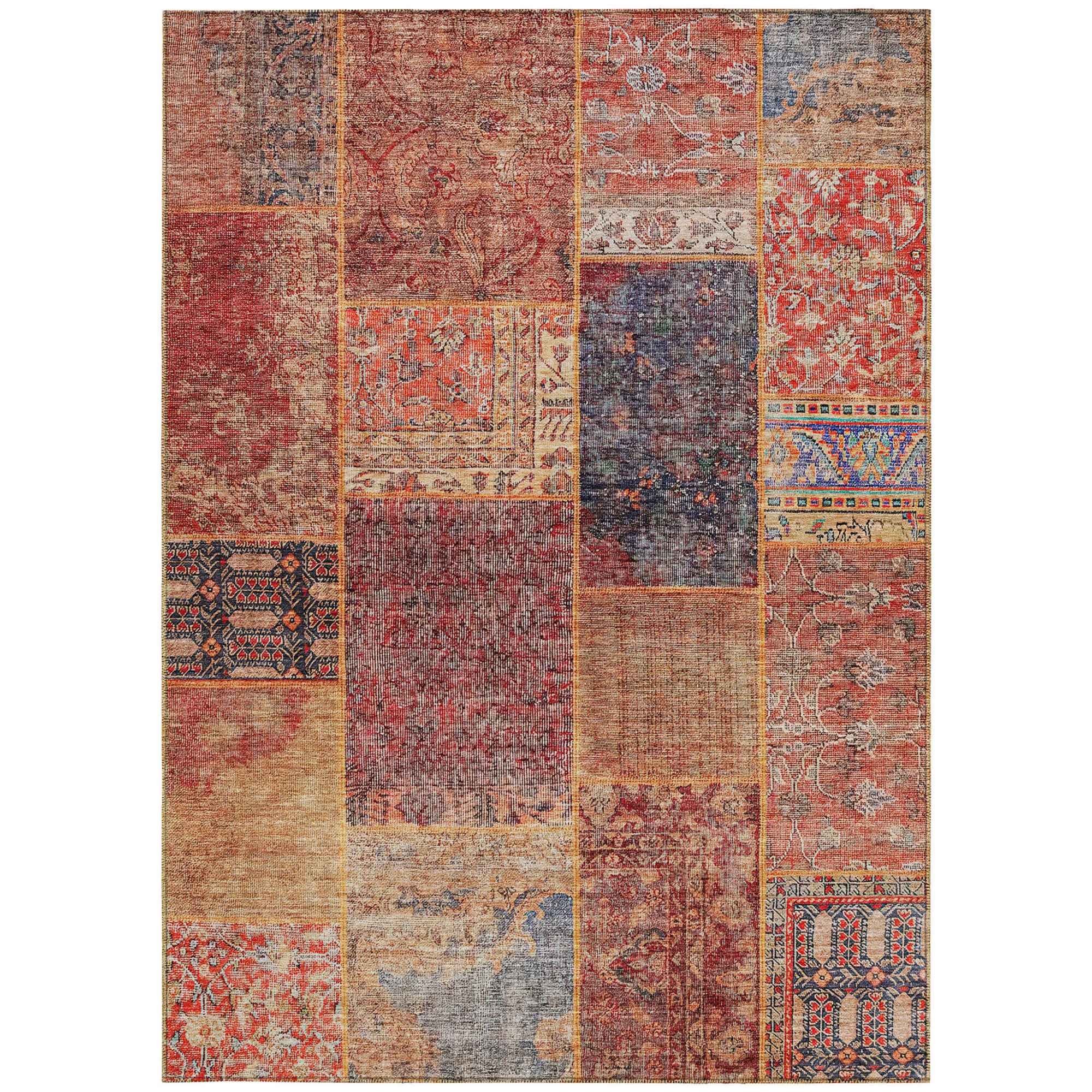 10' X 14' Red Orange And Blue Patchwork Washable Indoor Outdoor Area Rug - 1 - Sports & Outdoor