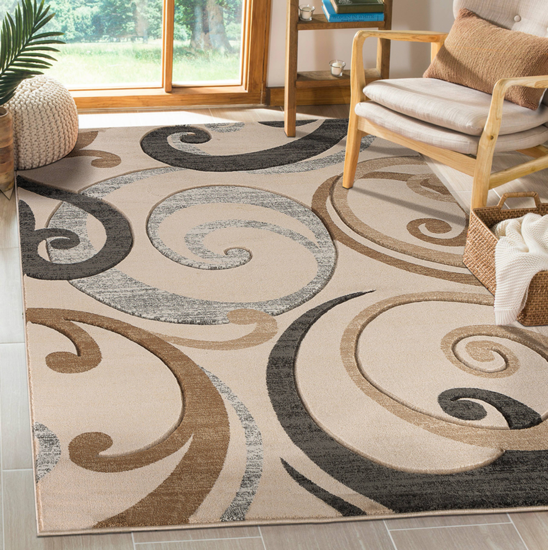 3'8" x 5'6" Beige Swirls Hand-Carved Soft Contemporary Rug - Grey / 1 / 3'8" x 5'6" - Home & Garden