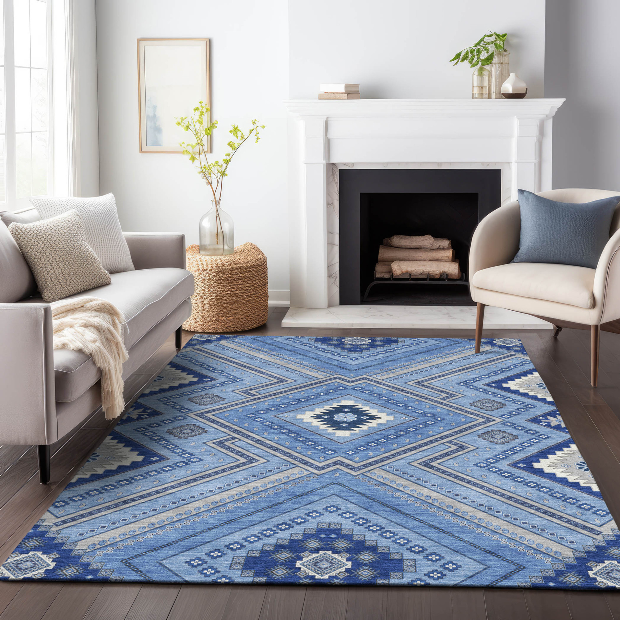 5' X 8' Blue Gray And Ivory Tribal Washable Indoor Outdoor Area Rug Sports & Outdoor