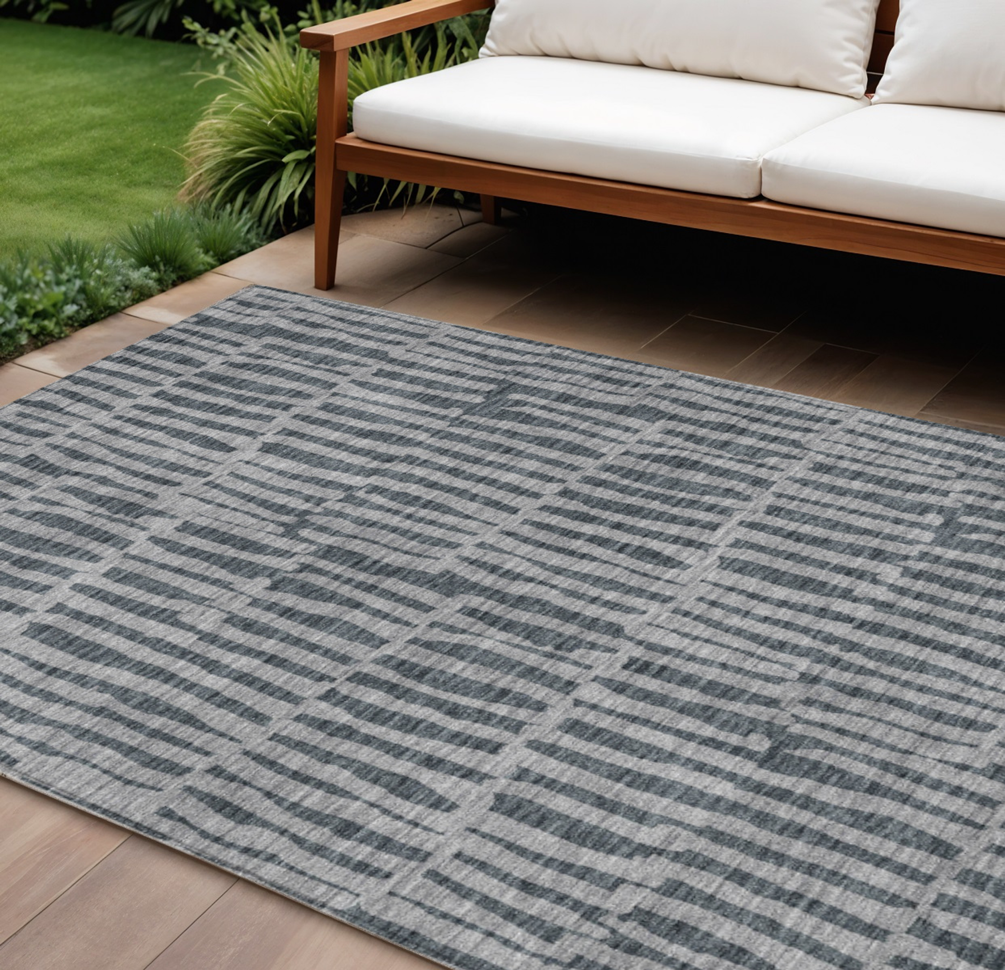 10' X 14' Charcoal And Gray Striped Washable Indoor Outdoor Area Rug - 1 - Sports & Outdoor