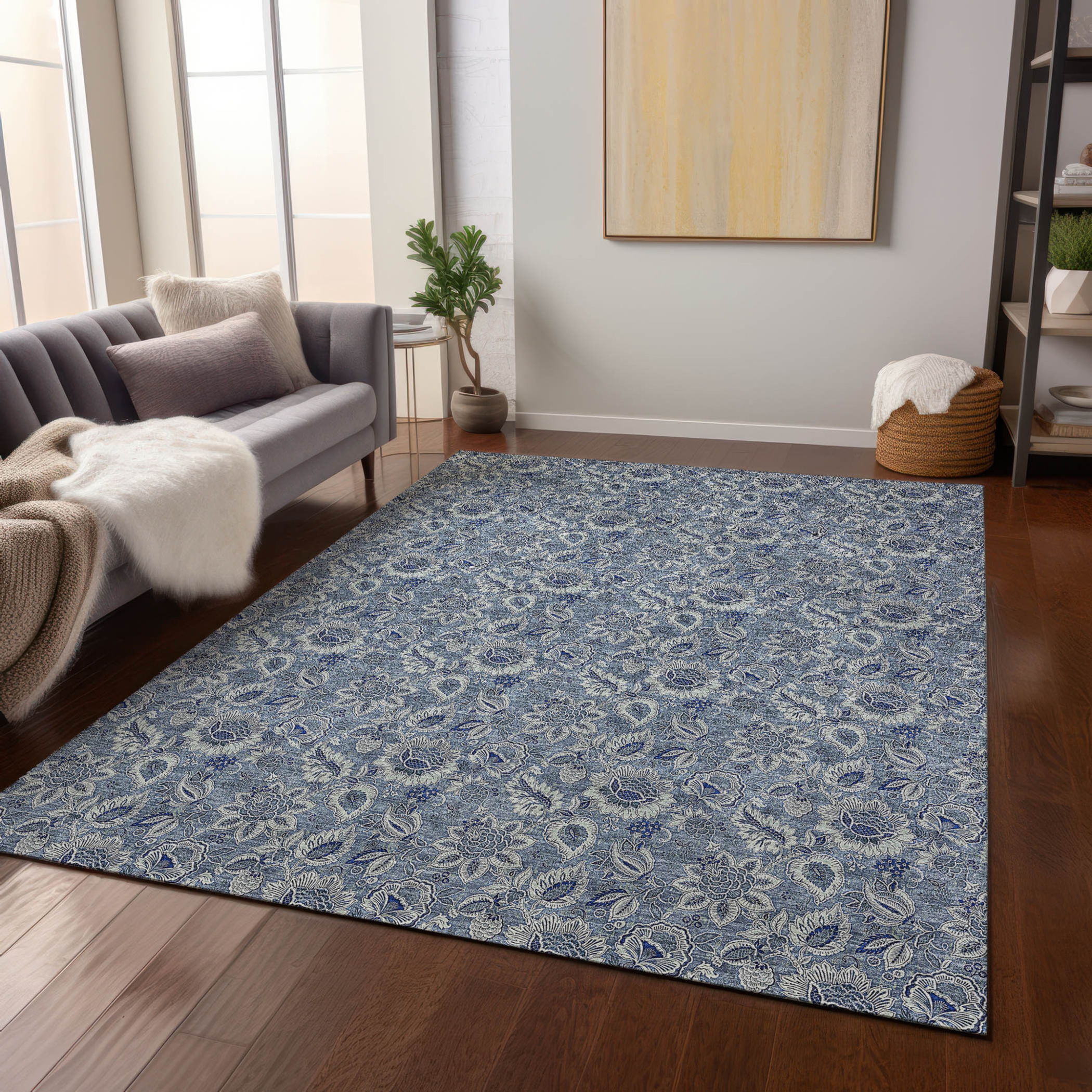 10' X 14' Denim Blue And Navy Blue Floral Washable Indoor Outdoor Area Rug - 1 - Sports & Outdoor