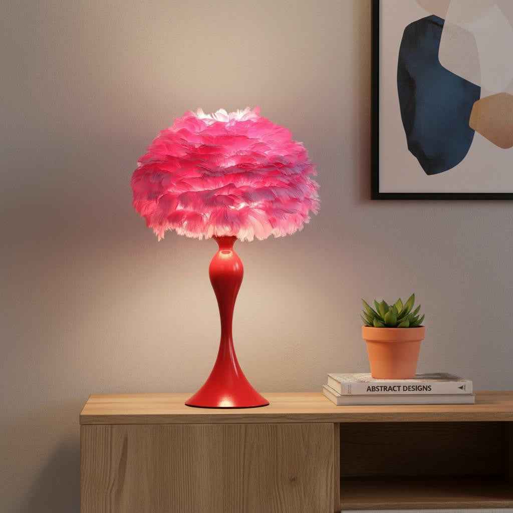 24" Glam Hot Pink Feather and Red Table Lamp