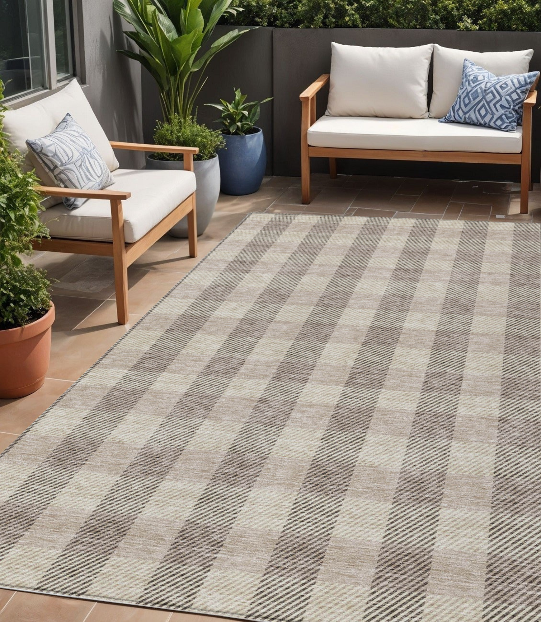 5' X 8' Beige And Brown Plaid Washable Indoor Outdoor Area Rug Sports & Outdoor