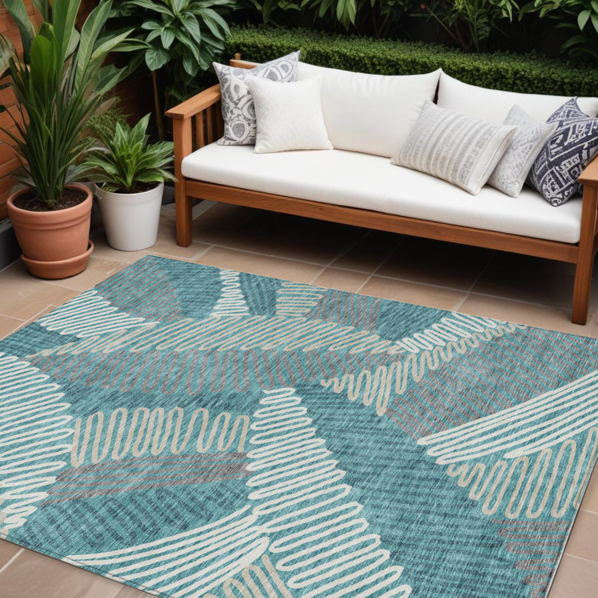 10' X 14' Teal Blue Gray And Ivory Floral Washable Indoor Outdoor Area Rug - 1 - Sports & Outdoor