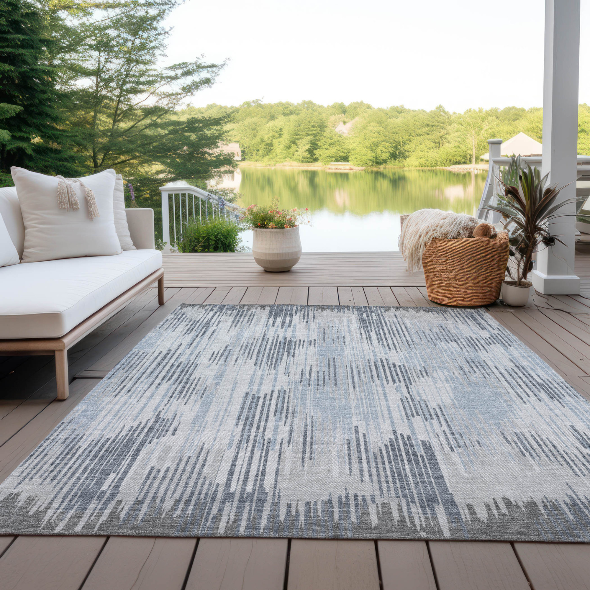 10' X 14' Gray And Ivory Striped Washable Indoor Outdoor Area Rug - 1 - Sports & Outdoor