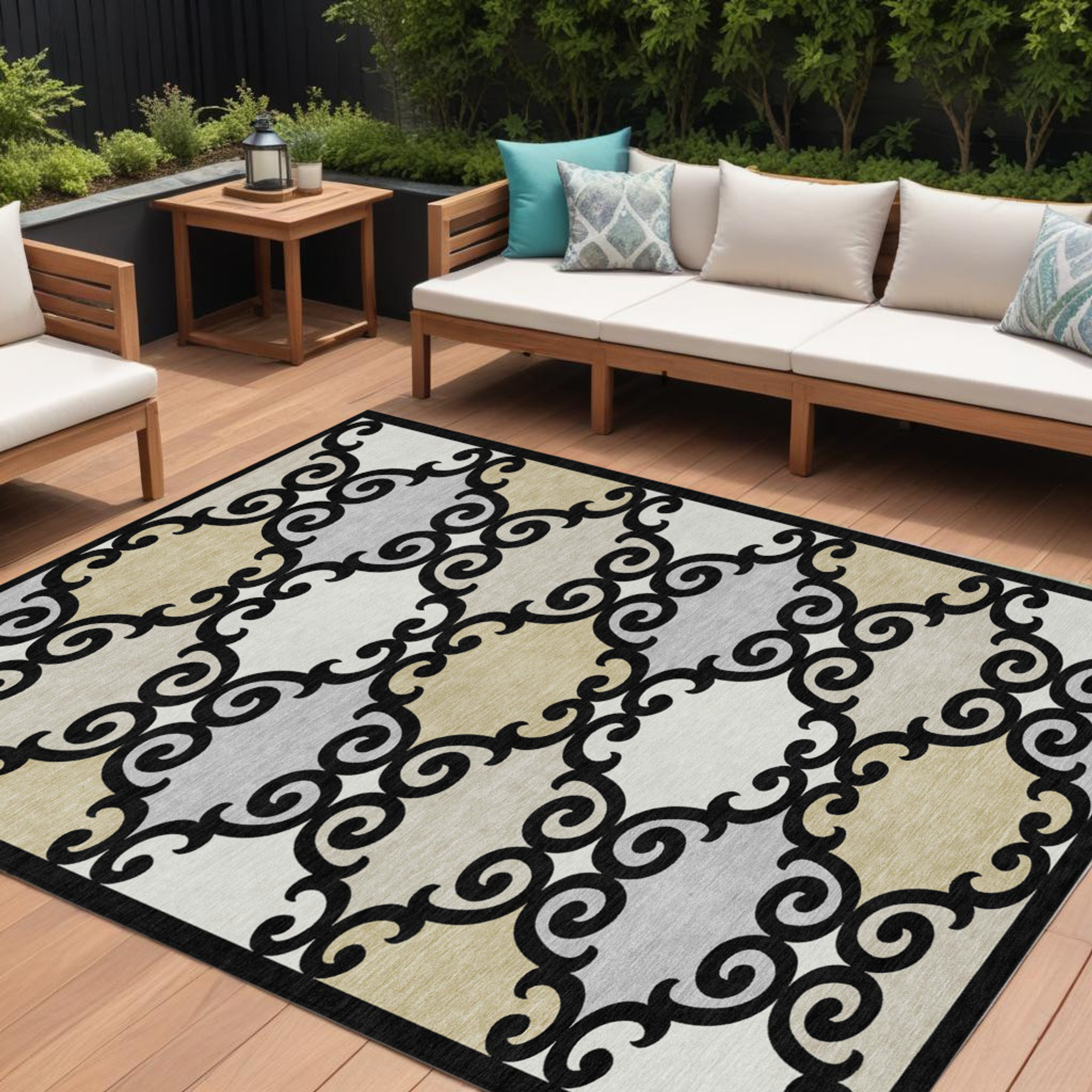 10' X 14' Black Gray And Ivory Trellis Washable Indoor Outdoor Area Rug - 1 - Sports & Outdoor