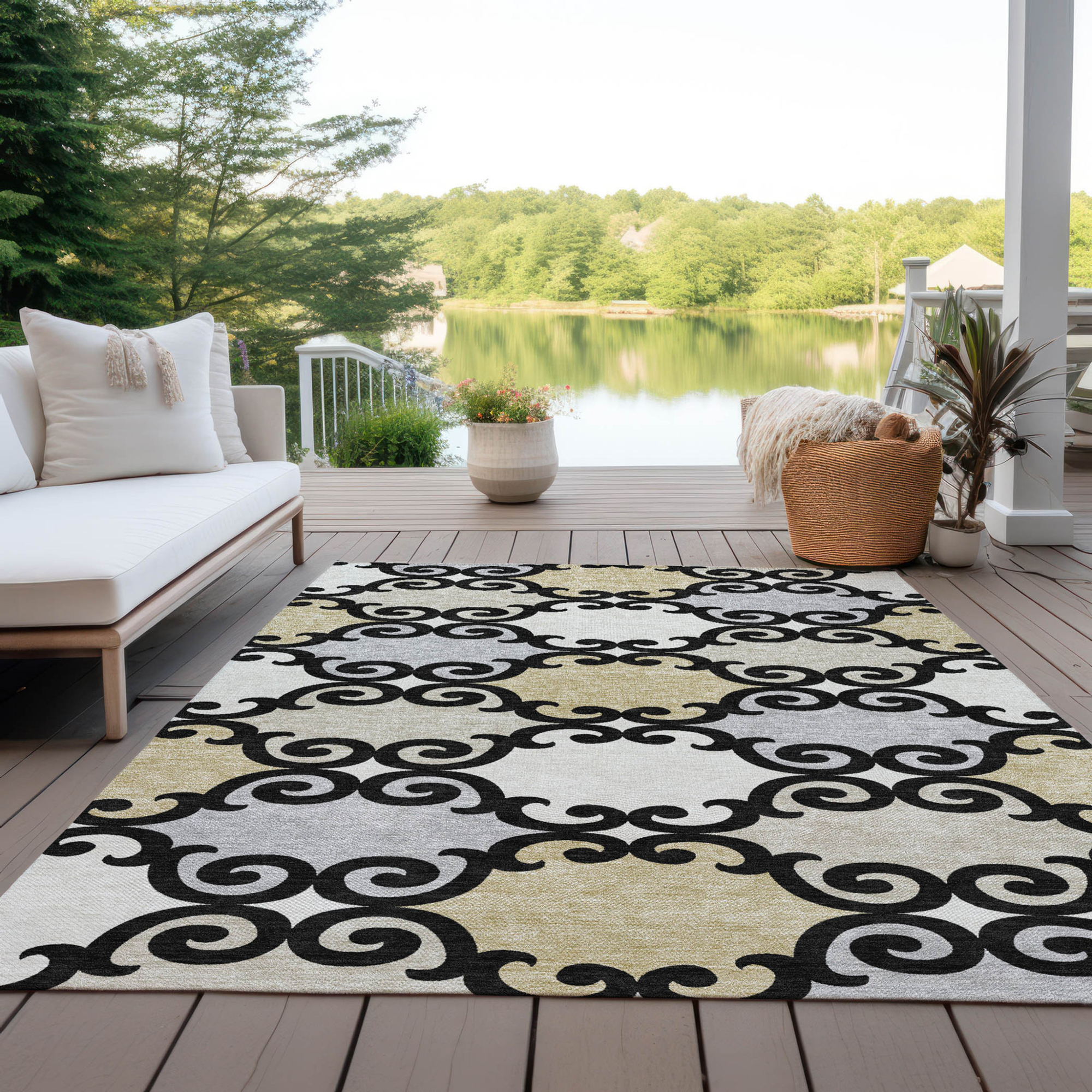10' X 14' Black Gray And Ivory Trellis Washable Indoor Outdoor Area Rug - 1 - Sports & Outdoor