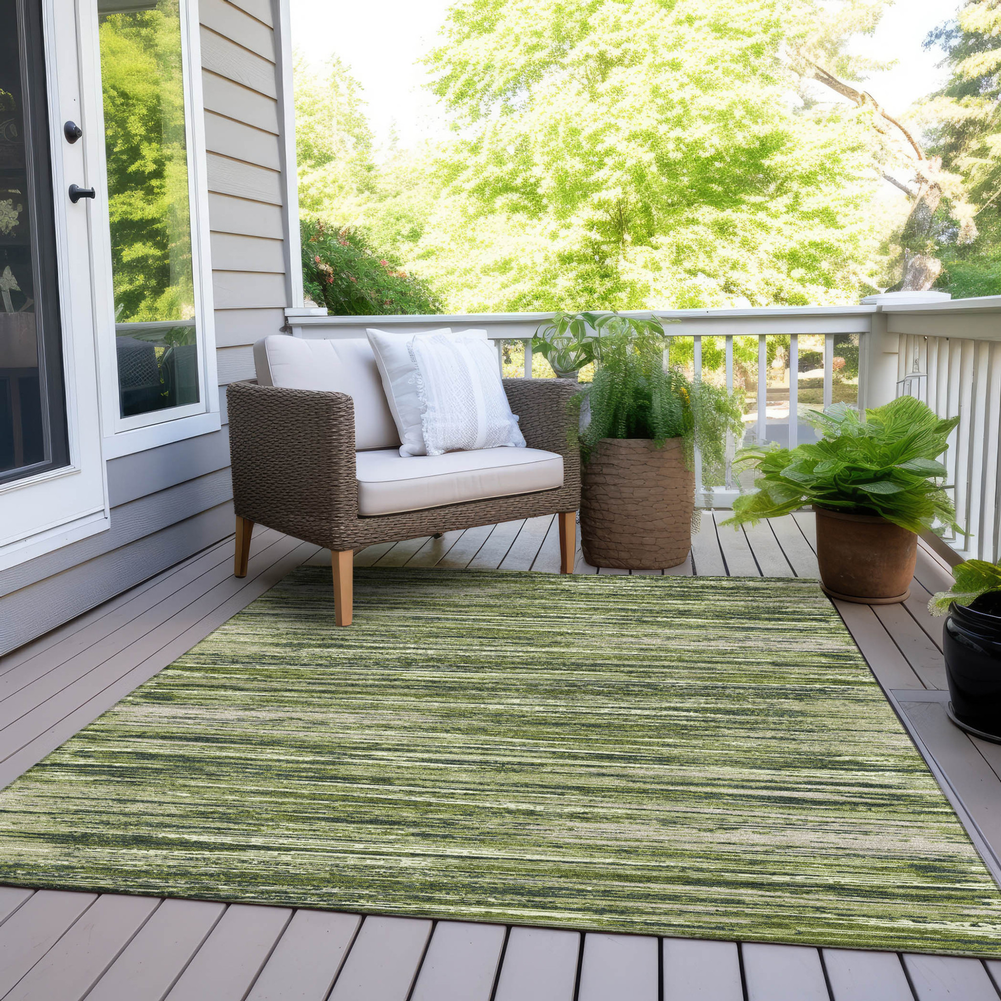 10' X 14' Olive Green And Ivory Striped Washable Indoor Outdoor Area Rug - 1 - Sports & Outdoor