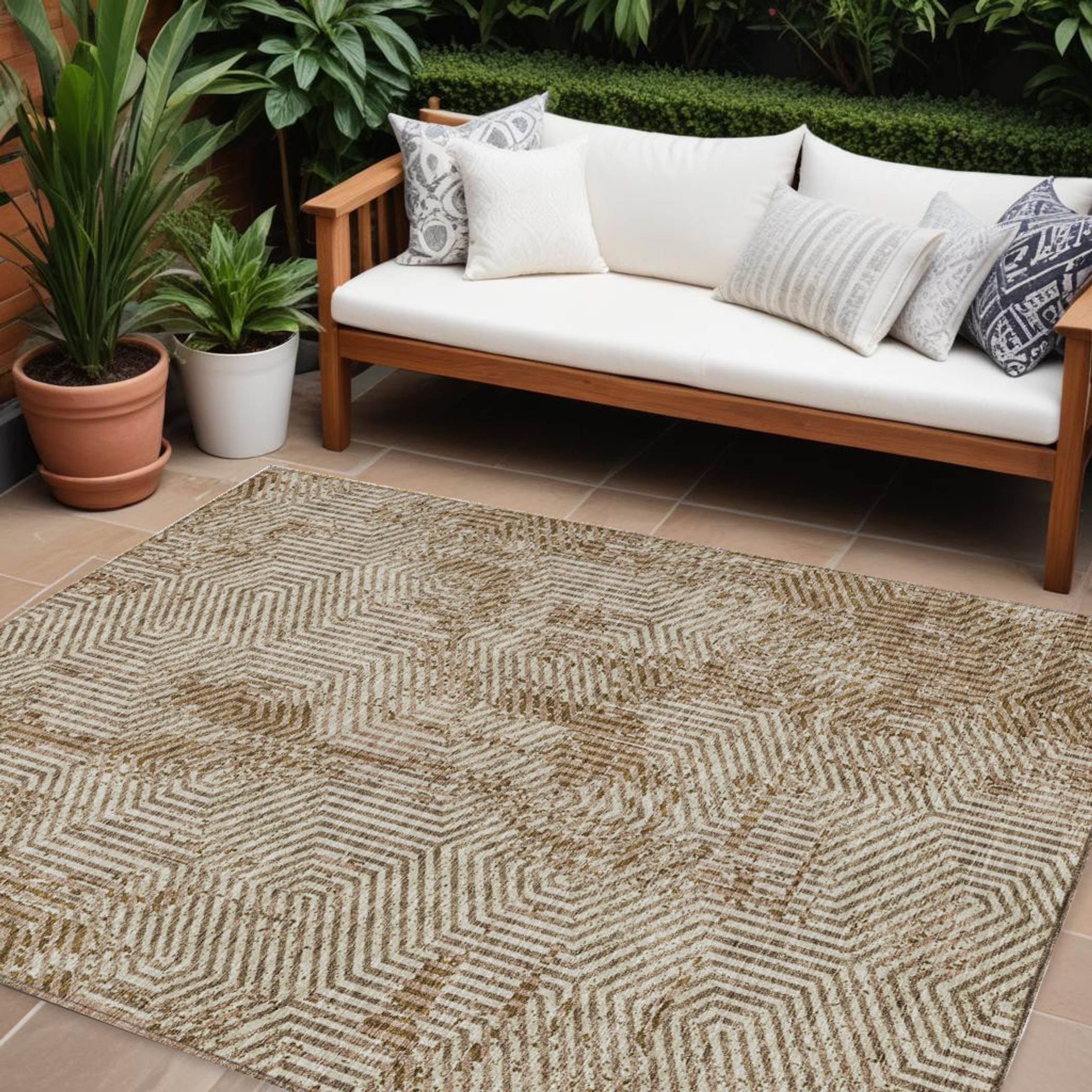10' X 14' Brown And Beige Geometric Washable Indoor Outdoor Area Rug - 1 - Sports & Outdoor