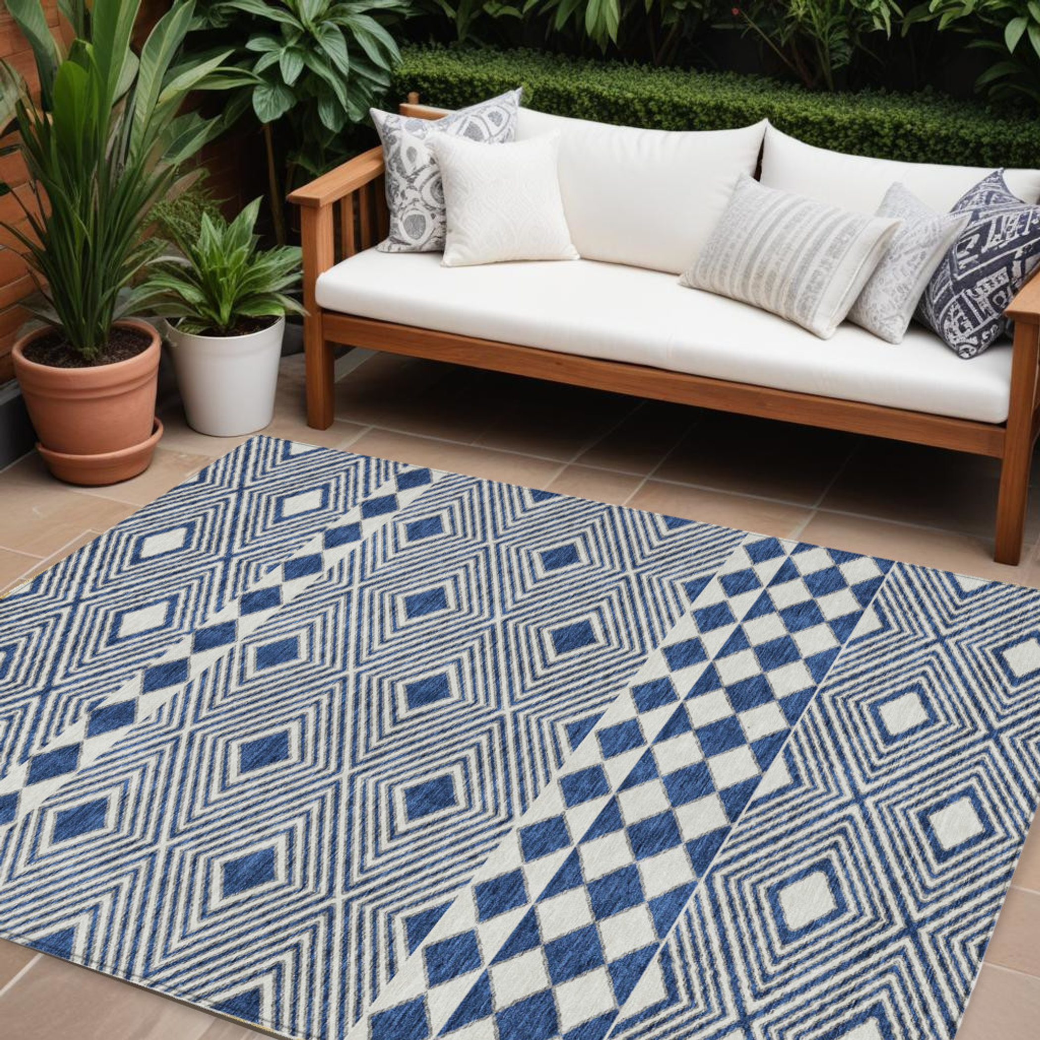10' X 14' Navy Blue And Ivory Geometric Washable Indoor Outdoor Area Rug - 1 - Sports & Outdoor