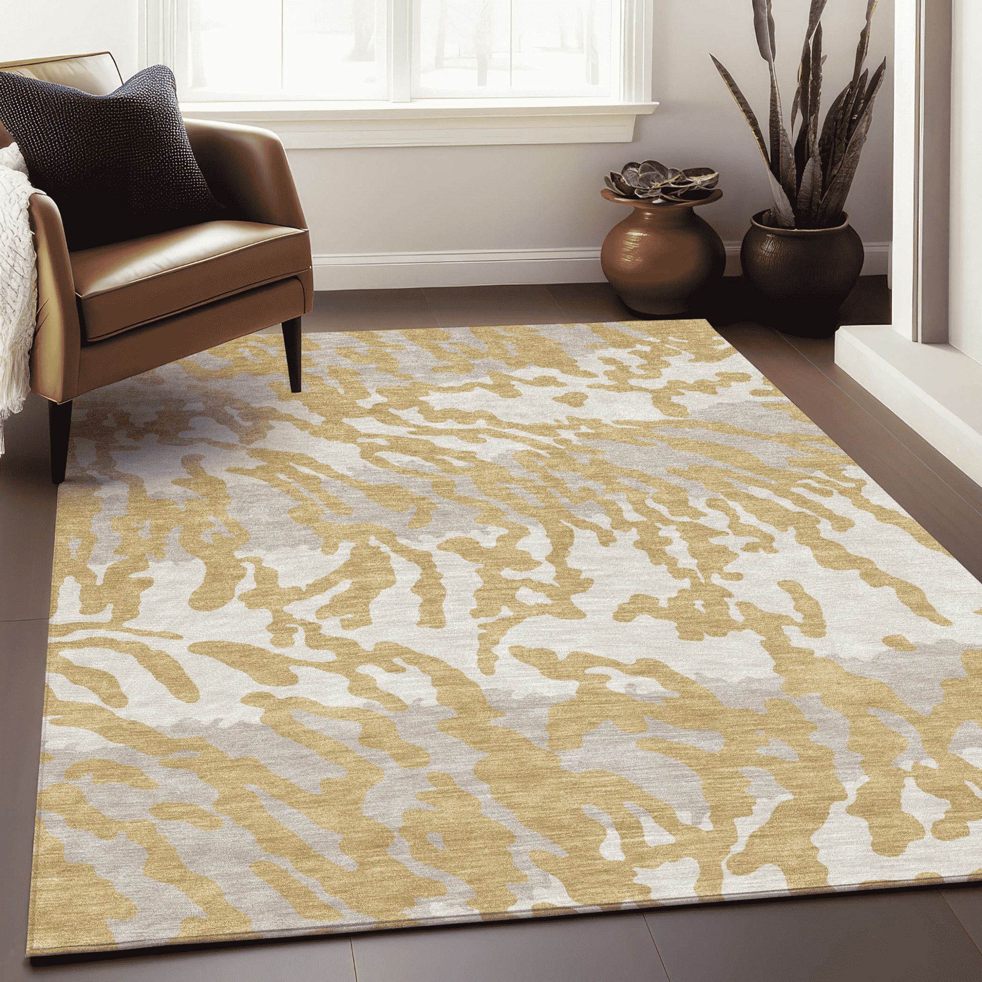 10' X 14' Gold Gray And Ivory Animal Print Washable Indoor Outdoor Area Rug - 1 - Sports & Outdoor