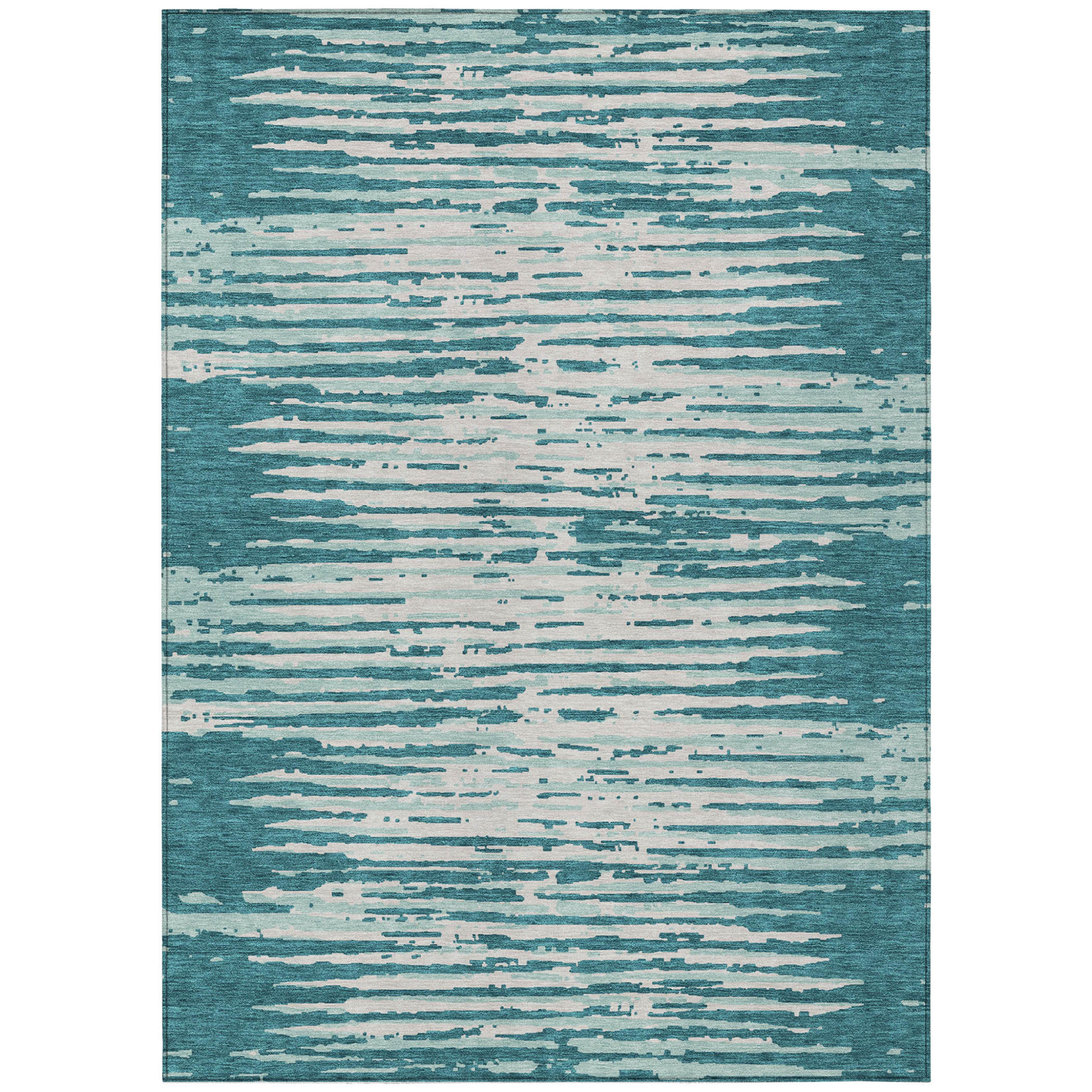 10' X 14' Teal Blue And Ivory Striped Washable Indoor Outdoor Area Rug - 1 - Sports & Outdoor