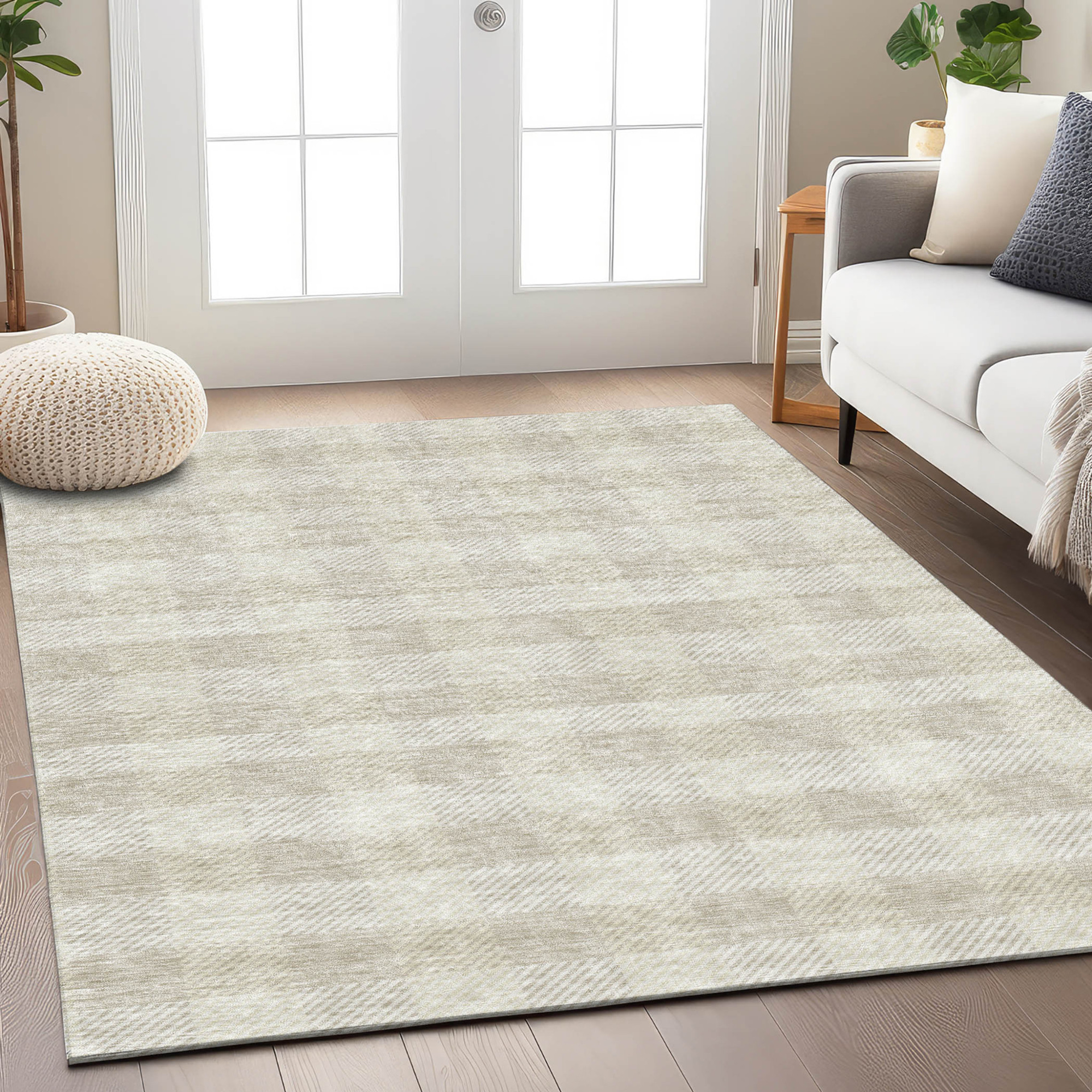 10' X 14' Ivory And Beige Plaid Washable Indoor Outdoor Area Rug - 1 - Sports & Outdoor