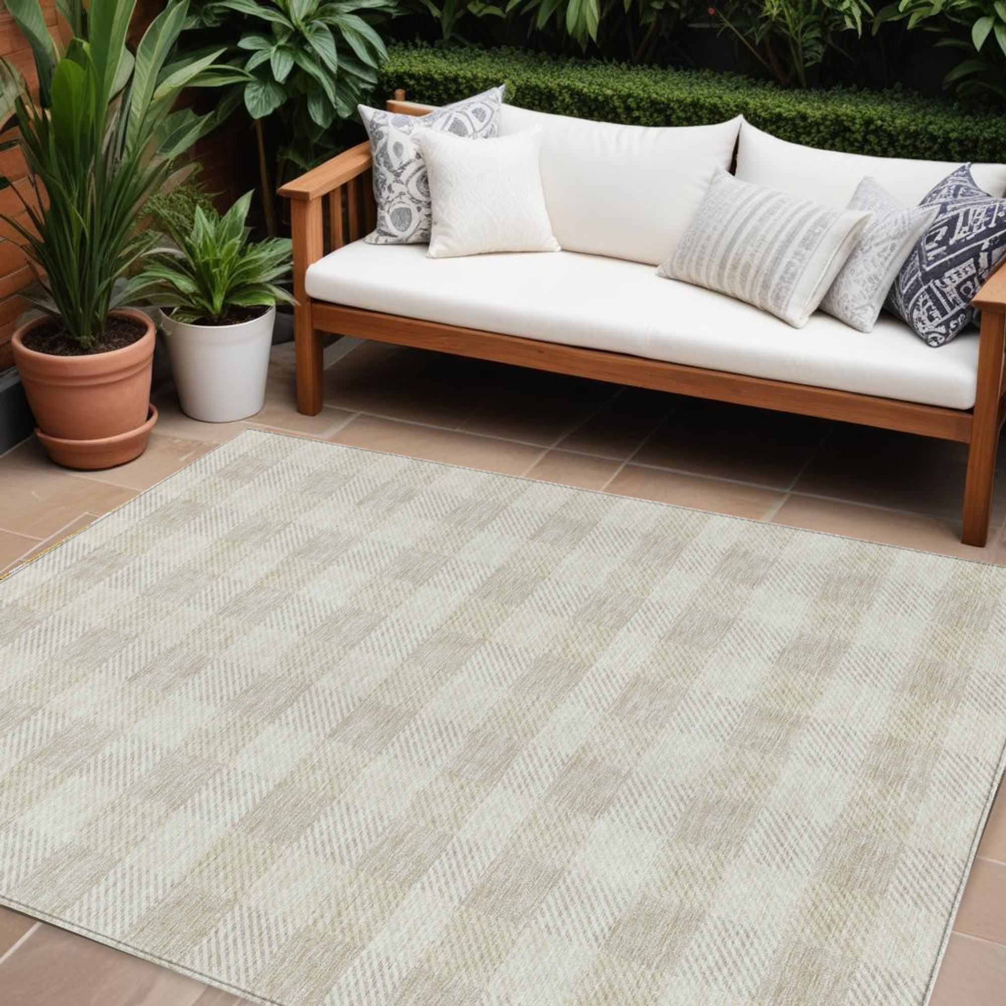 10' X 14' Ivory And Beige Plaid Washable Indoor Outdoor Area Rug - 1 - Sports & Outdoor