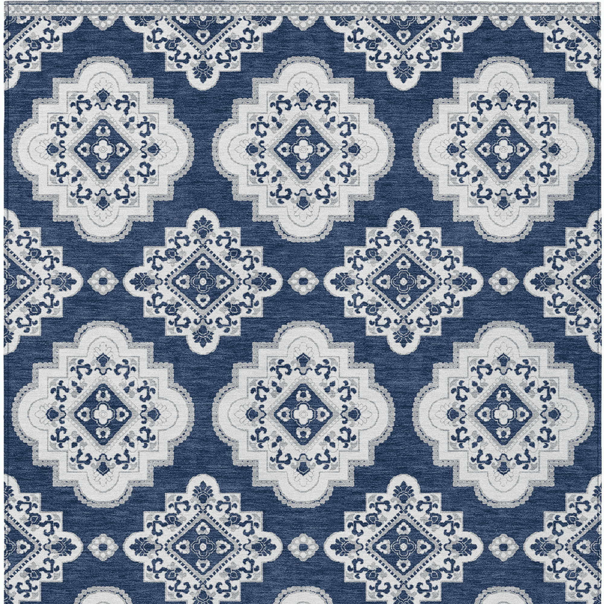 10' X 14' Navy Blue And Ivory Medallion Washable Indoor Outdoor Area Rug - 1 - Sports & Outdoor