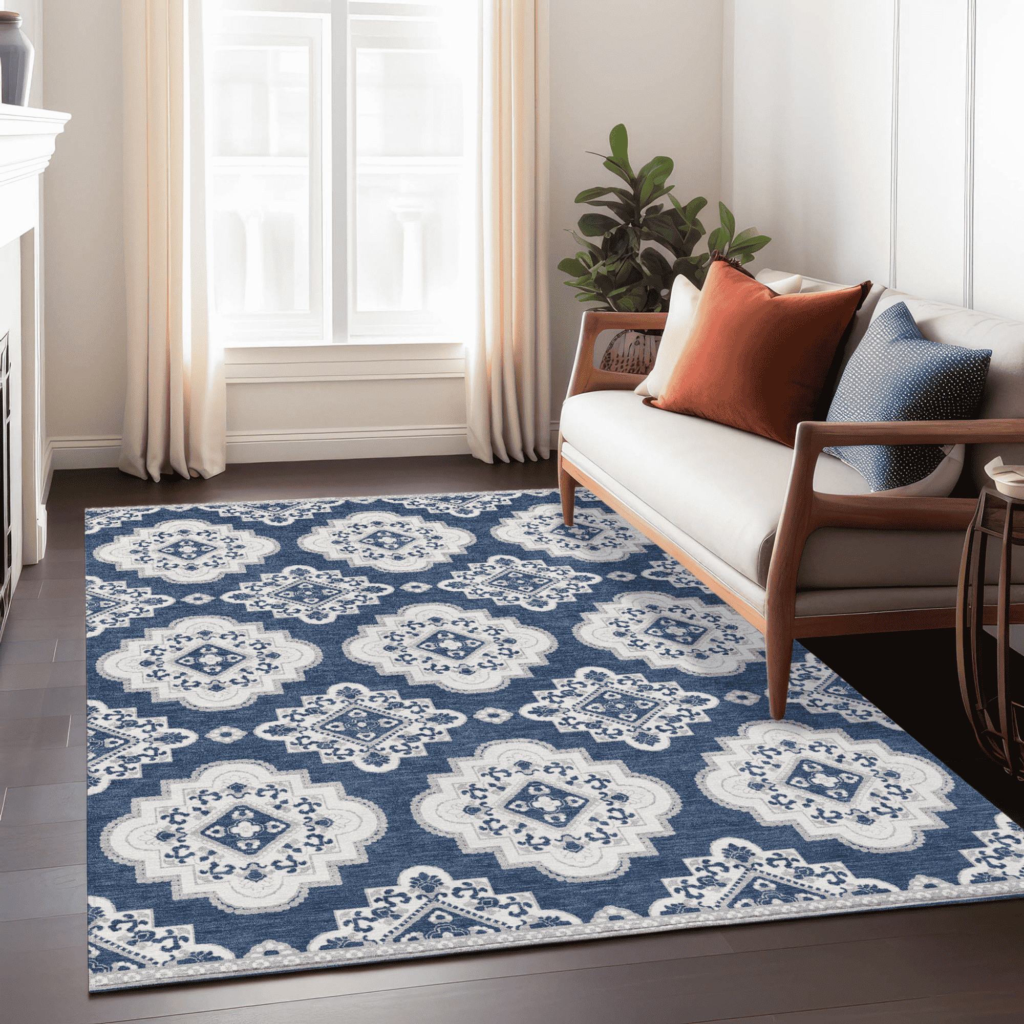 10' X 14' Navy Blue And Ivory Medallion Washable Indoor Outdoor Area Rug - 1 - Sports & Outdoor