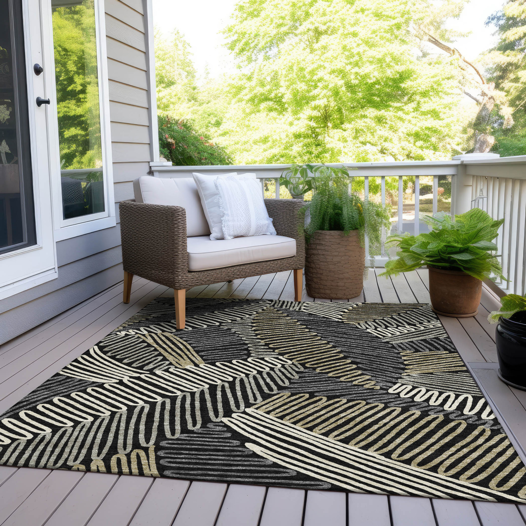 10' X 14' Black Gray And Ivory Floral Washable Indoor Outdoor Area Rug - 1 - Sports & Outdoor