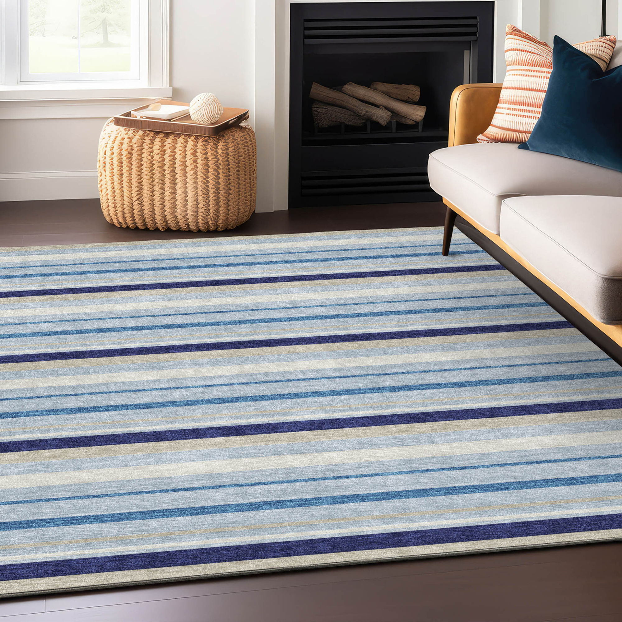10' X 14' Blue Purple And Gray Striped Washable Indoor Outdoor Area Rug - 1 - Sports & Outdoor