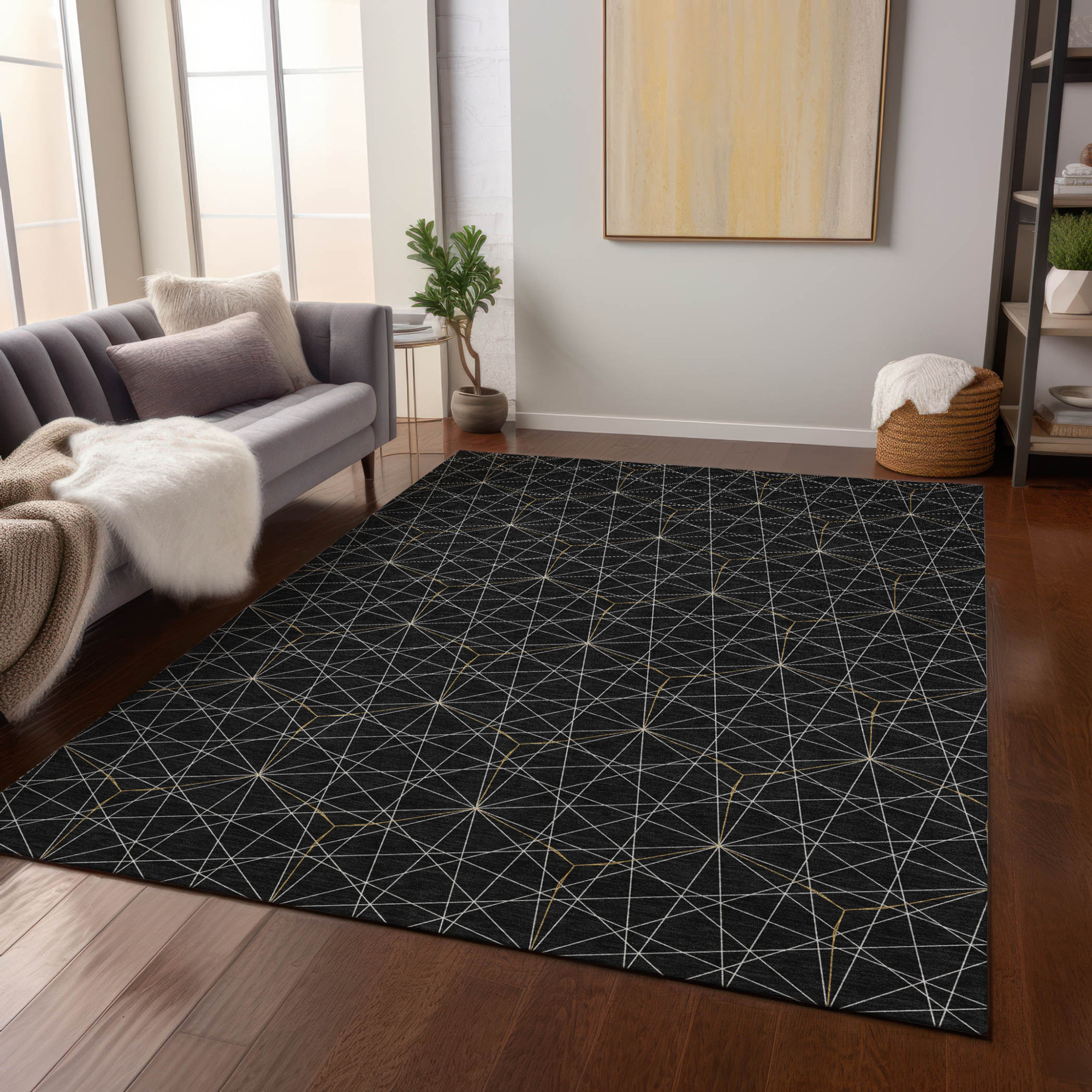 5' X 8' Black And Ivory Geometric Washable Indoor Outdoor Area Rug Sports & Outdoor