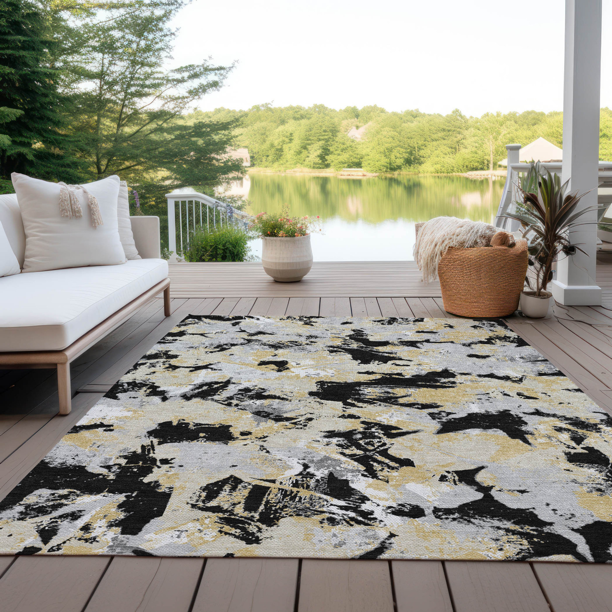 10' X 14' Black Gray And Light Brown Floral Washable Indoor Outdoor Area Rug - 1 - Sports & Outdoor
