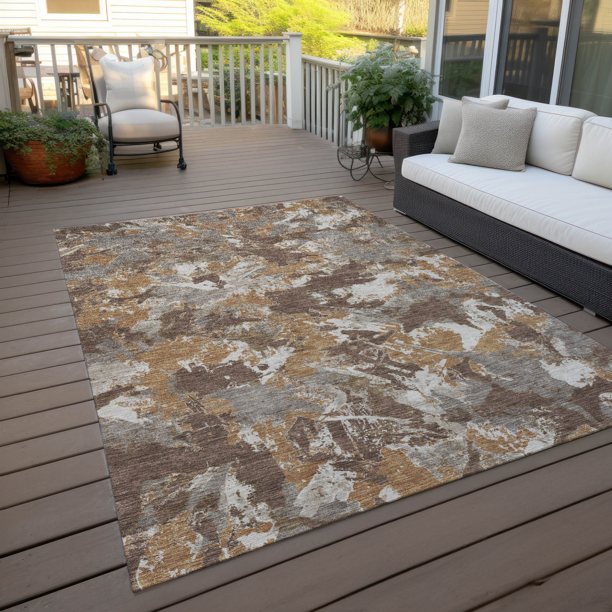10' X 14' Brown Beige And Gray Floral Washable Indoor Outdoor Area Rug - 1 - Sports & Outdoor