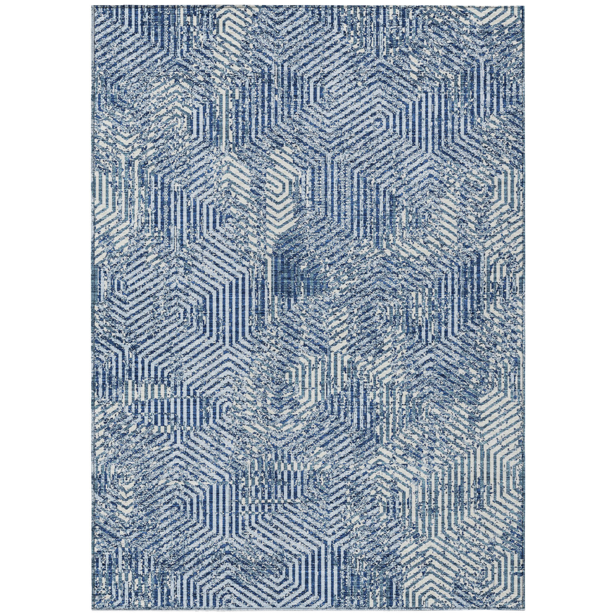 10' X 14' Navy Blue And Ivory Geometric Washable Indoor Outdoor Area Rug - 1 - Sports & Outdoor