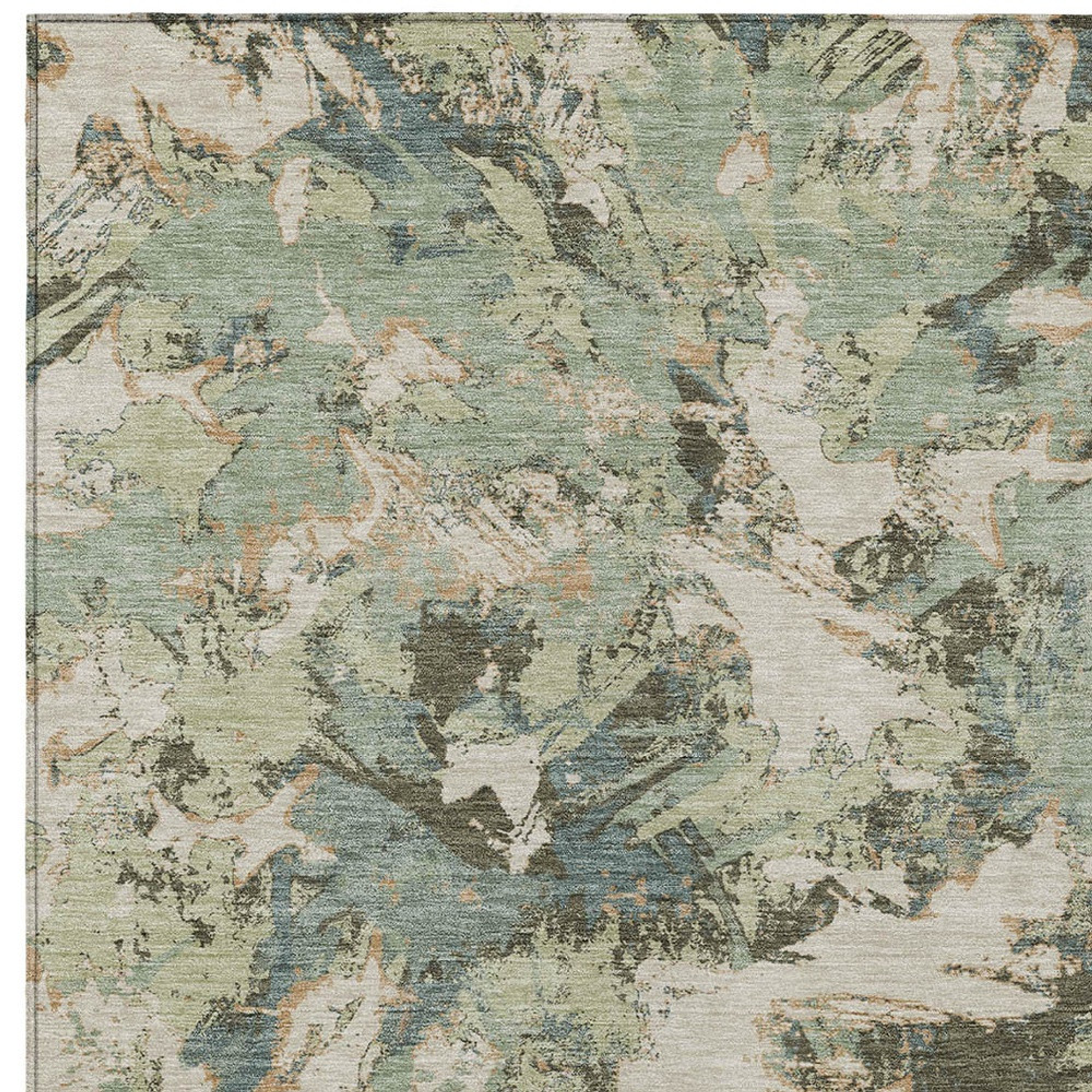 10' X 14' Beige Brown And Green Floral Washable Indoor Outdoor Area Rug - 1 - Sports & Outdoor