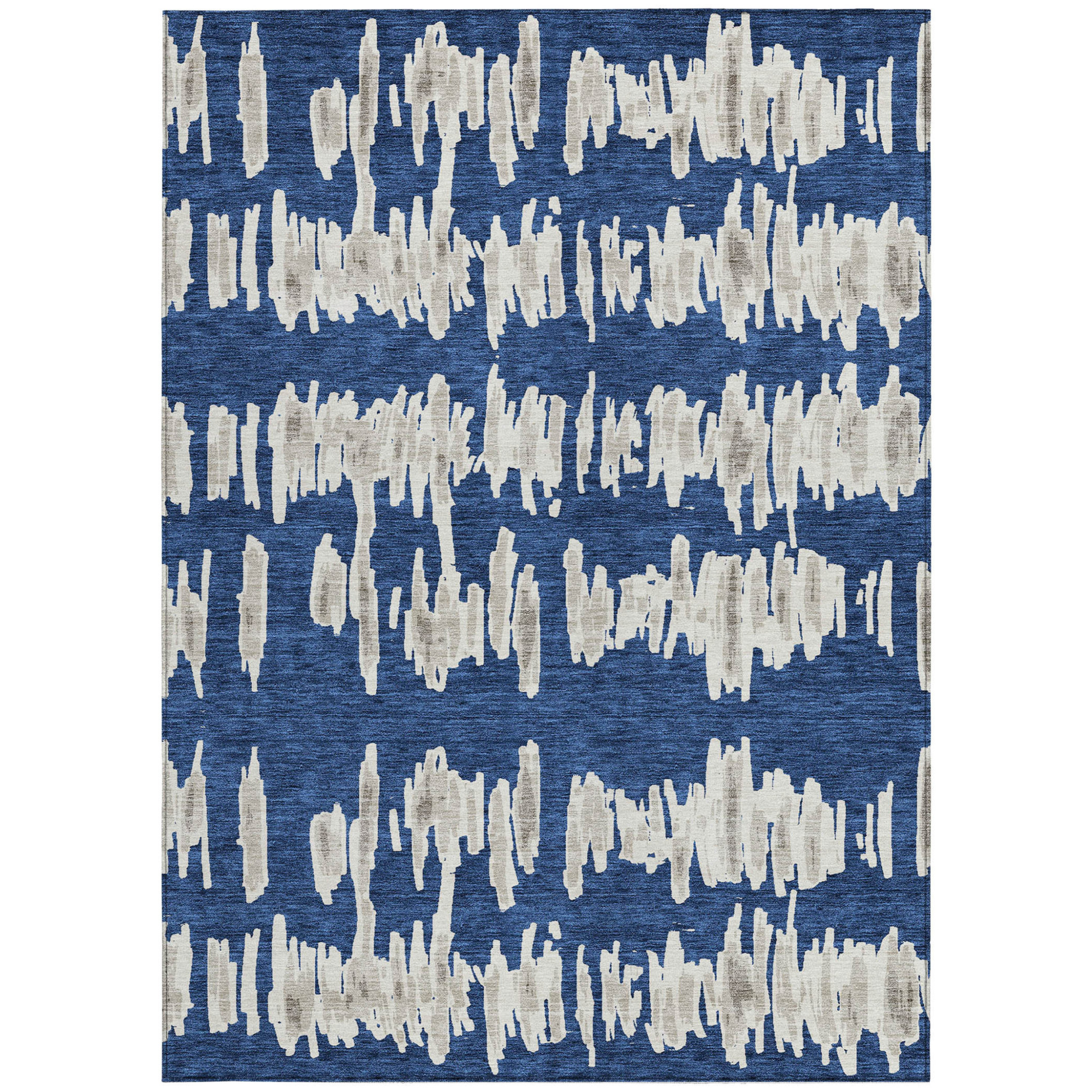 10' X 14' Navy Blue Gray And Ivory Striped Washable Indoor Outdoor Area Rug - 1 - Sports & Outdoor