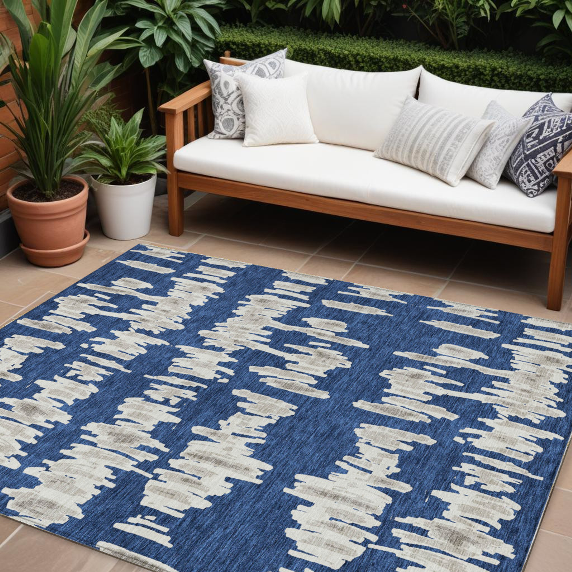 10' X 14' Navy Blue Gray And Ivory Striped Washable Indoor Outdoor Area Rug - 1 - Sports & Outdoor