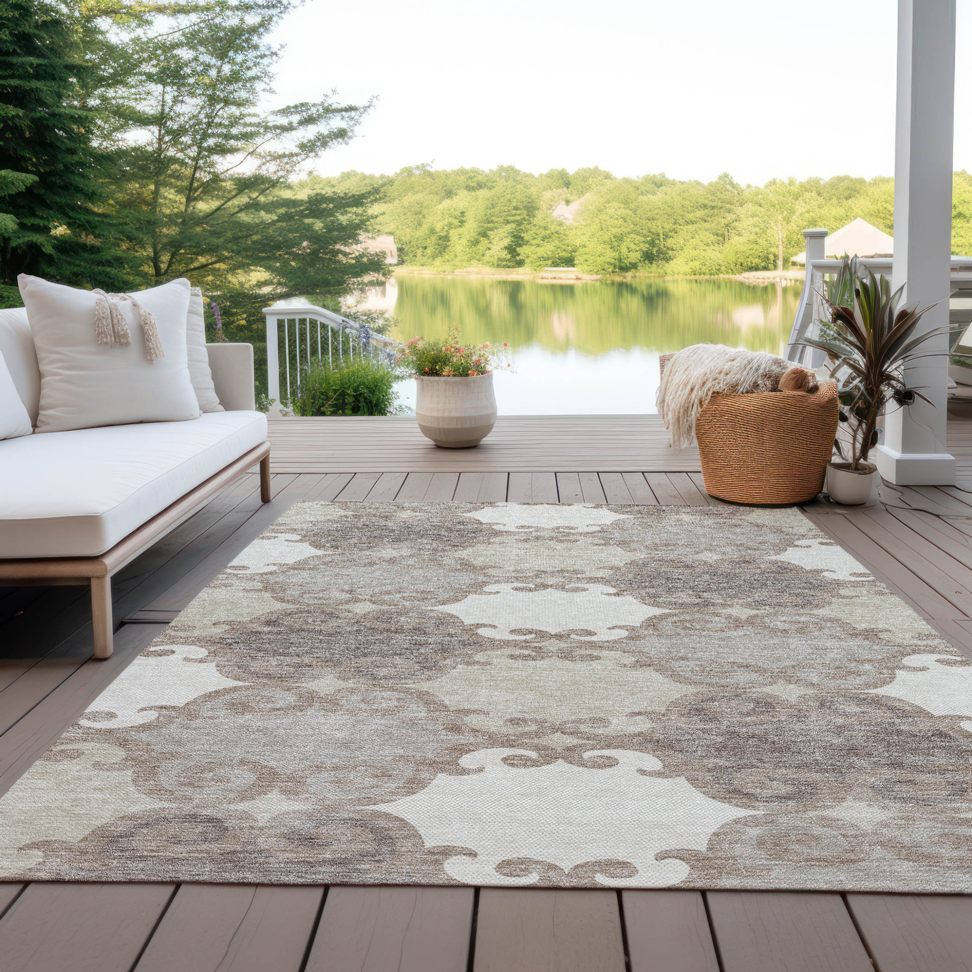 10' X 14' Taupe Beige And Gray Trellis Washable Indoor Outdoor Area Rug - 1 - Sports & Outdoor