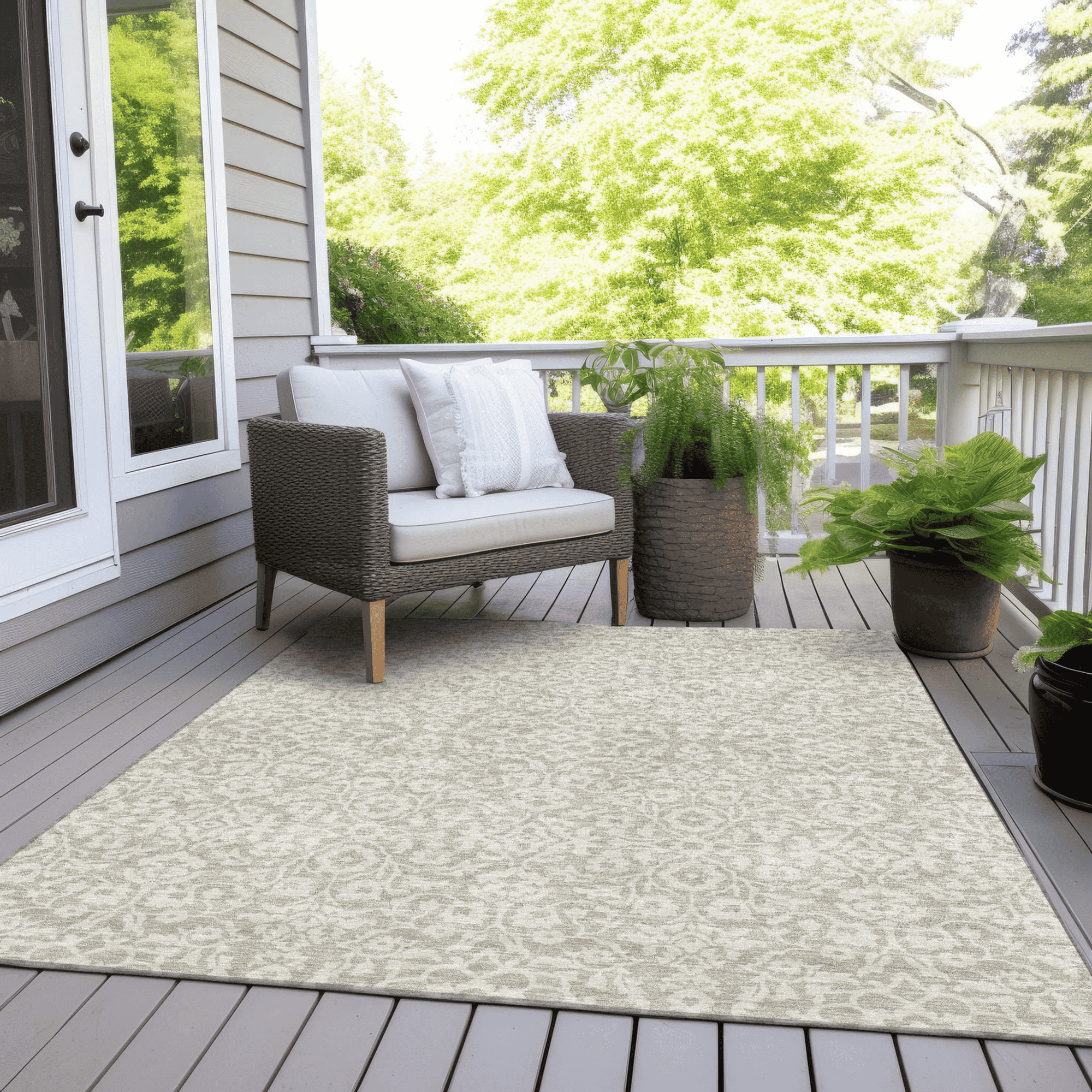 10' X 14' Beige And Ivory Damask Washable Indoor Outdoor Area Rug - 1 - Sports & Outdoor