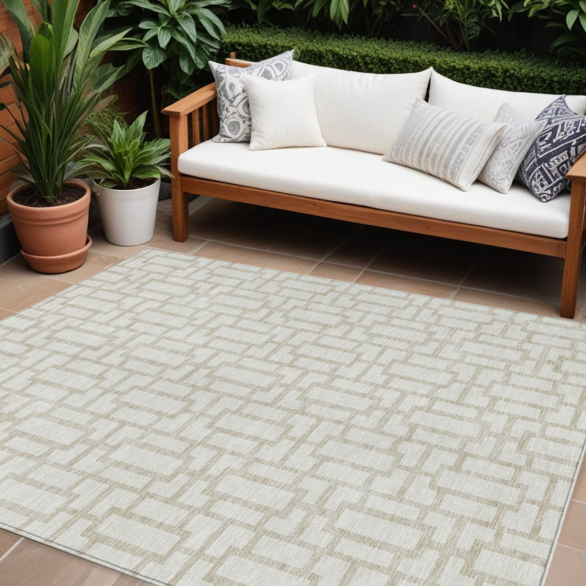 10' X 14' Ivory And Beige Geometric Washable Indoor Outdoor Area Rug - 1 - Sports & Outdoor