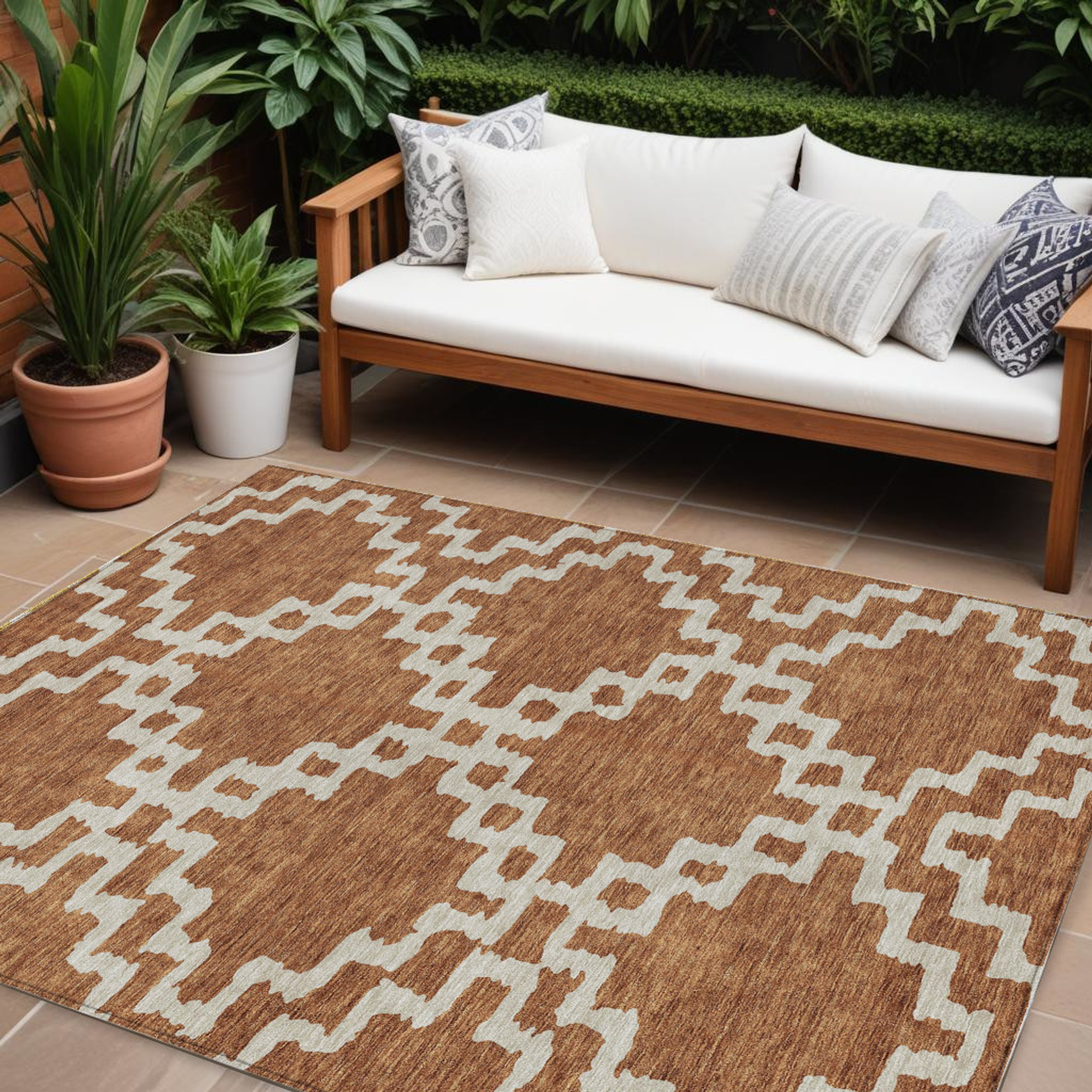 10' X 14' Brown And Ivory Geometric Washable Indoor Outdoor Area Rug - 1 - Sports & Outdoor